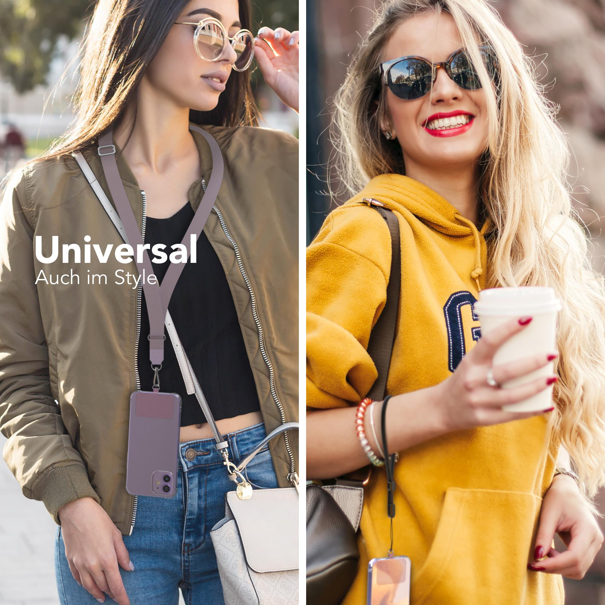 Zwei Frauen mit Handys an Lanyards. Eine trägt Sonnenbrille. Die andere hat einen Kaffeebecher.