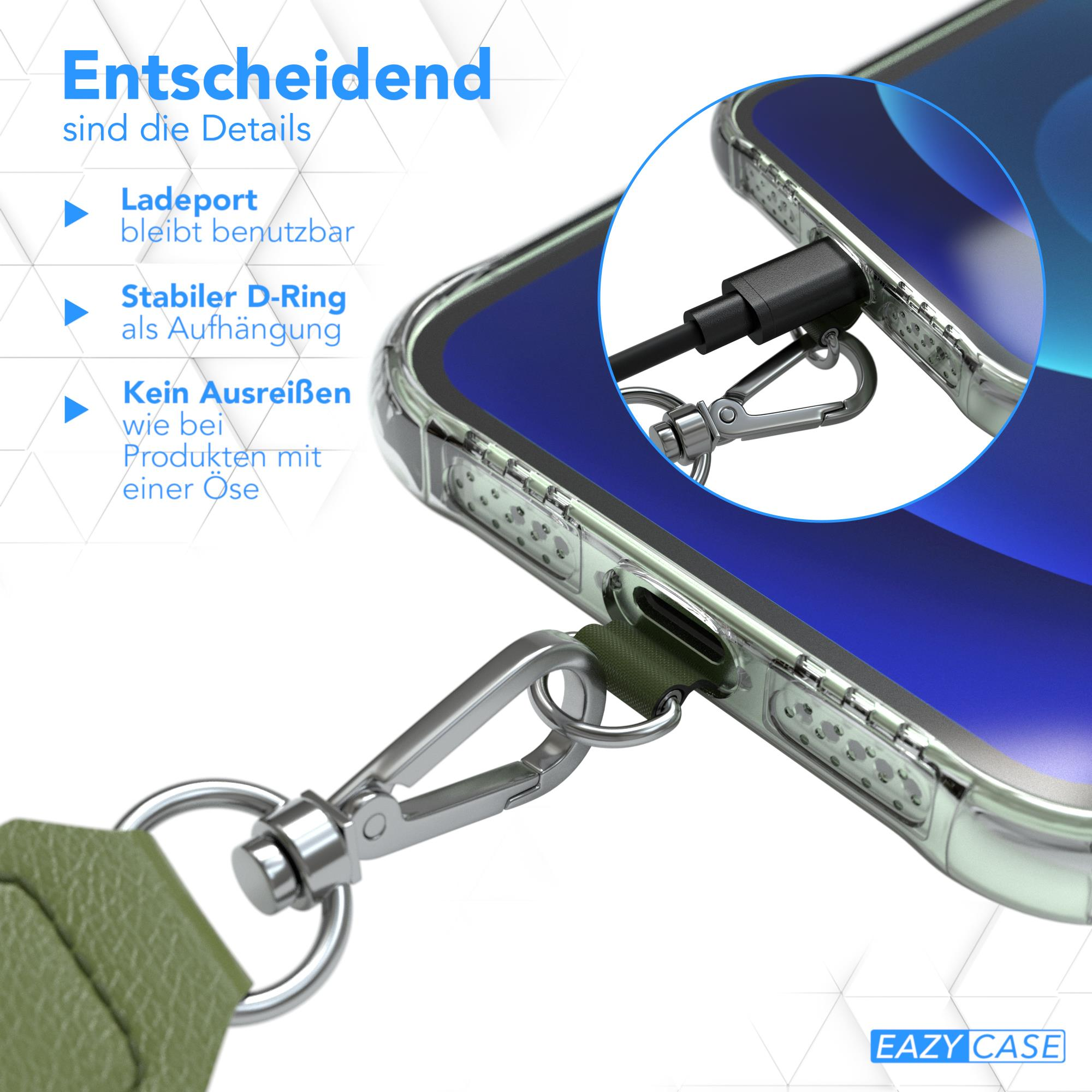 Nahaufnahme eines Telefons mit Hülle, Ladeanschluss und Lanyard am Telefon befestigt.