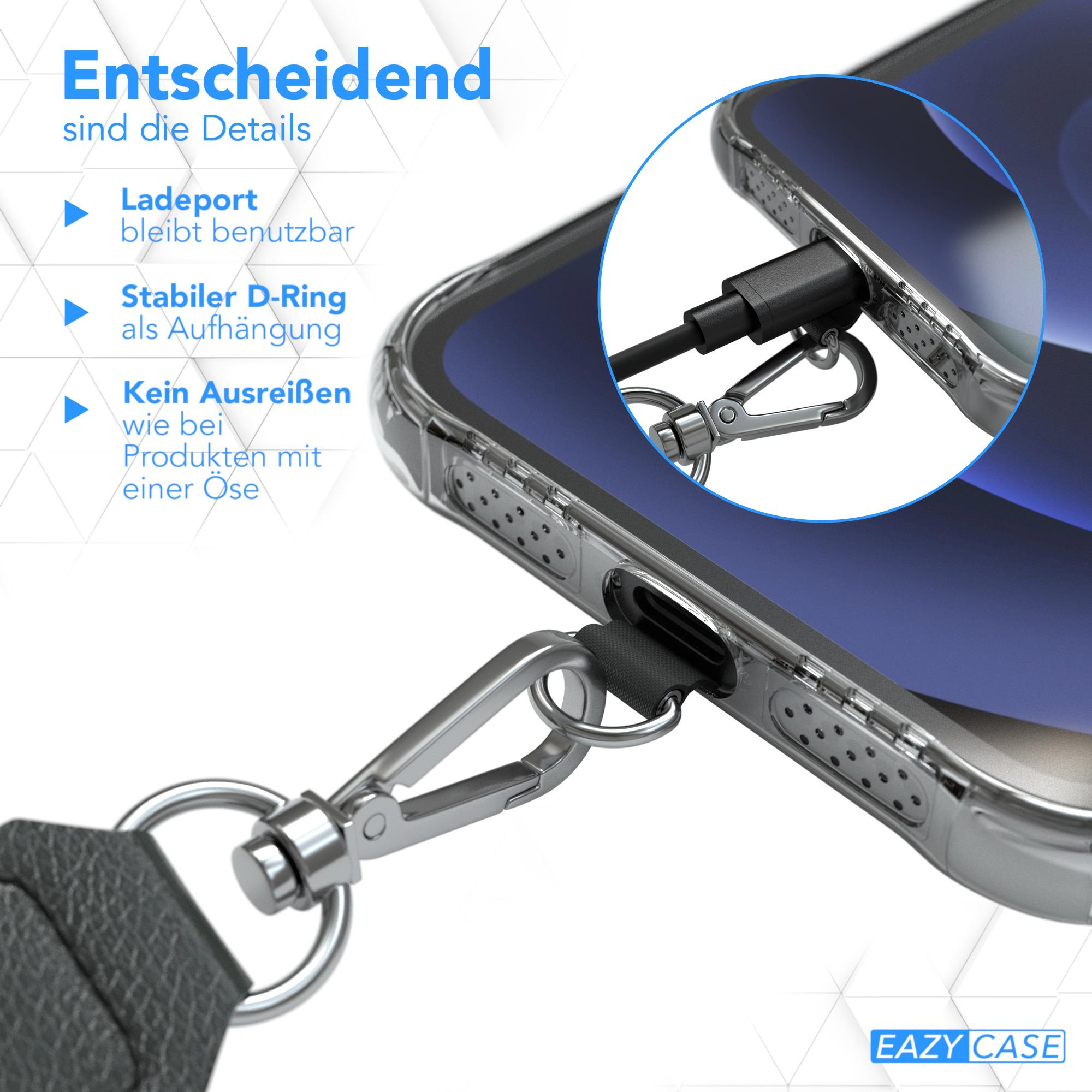 Handyhülle mit Metallring und angeschlossenem Ladekabel. Schwarzes Kabel wird in das Telefon gesteckt.