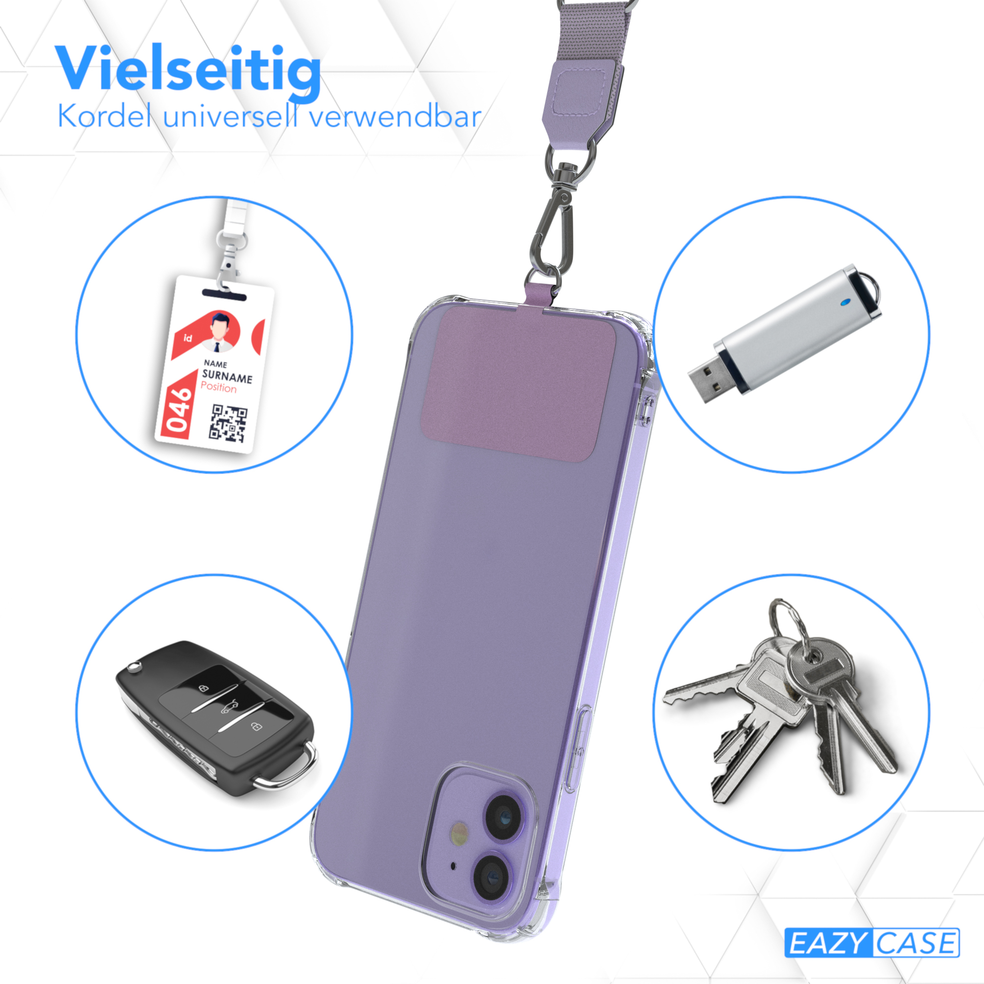 Ein Telefon in einer lila Hülle mit Schlüsselband und Zubehör, einschließlich Schlüssel und USB-Stick.