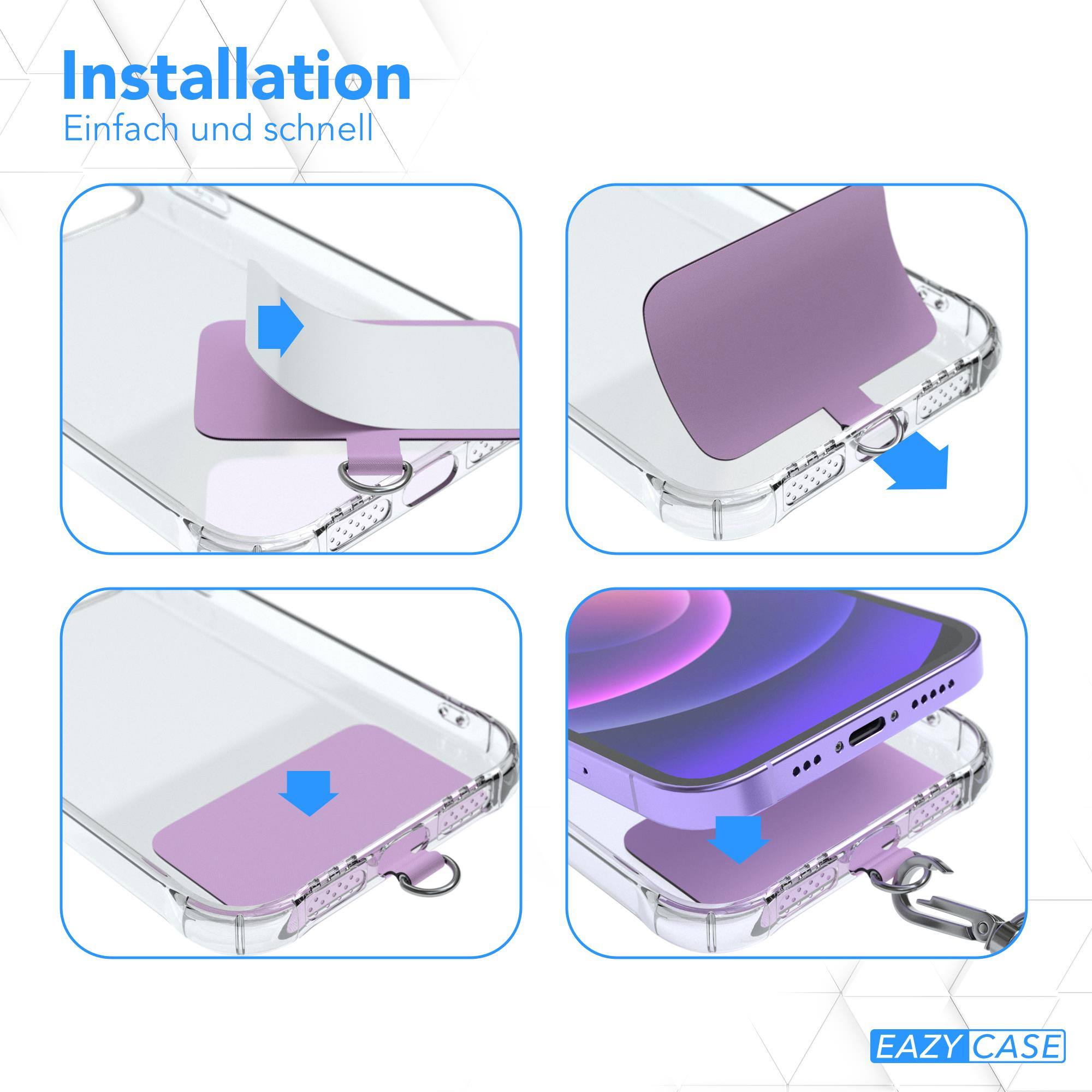 Vier Bilder zeigen die Installationsschritte einer Handyhülle mit blauen Pfeilen.