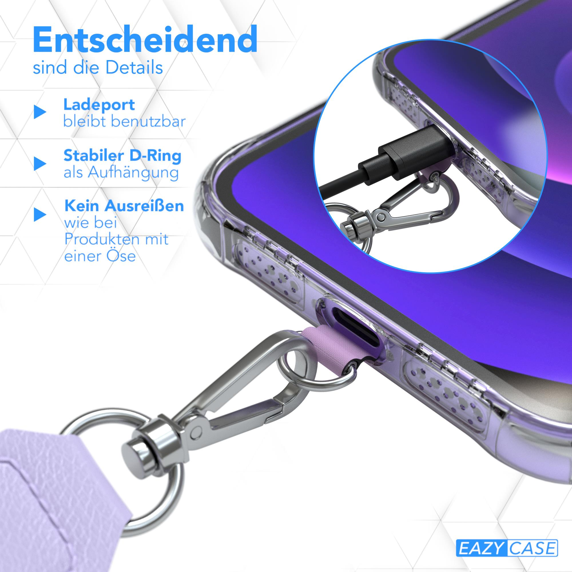 Eine Handyhülle mit Telefon und Lanyard. Die Hülle hat einen silbernen D-Ring.