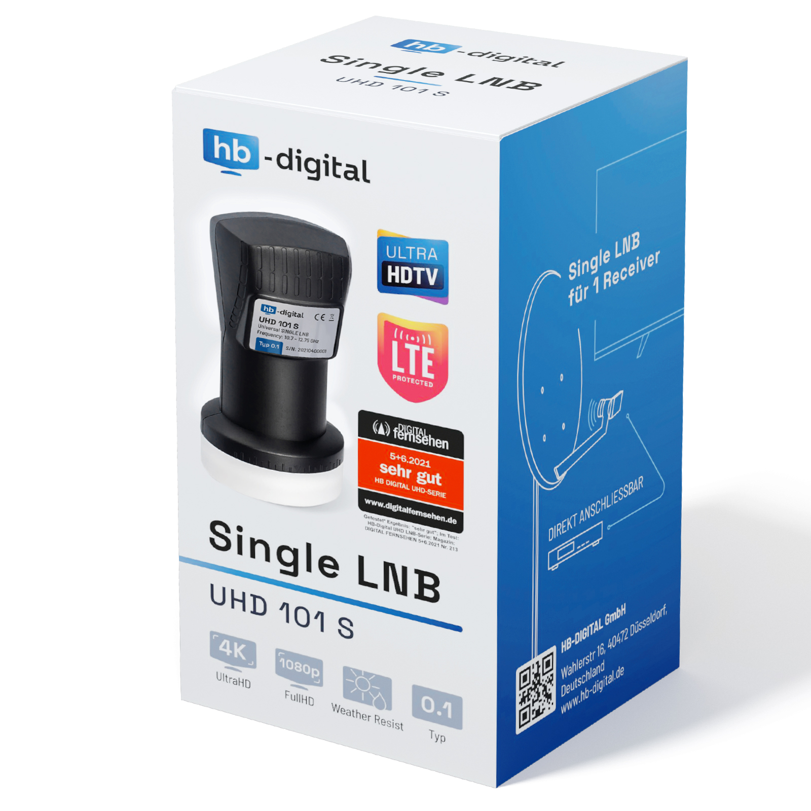 Eine Produktbox mit einem Satellitenempfänger. Text zeigt 'UHD 101 S', 'Ultra HD'.