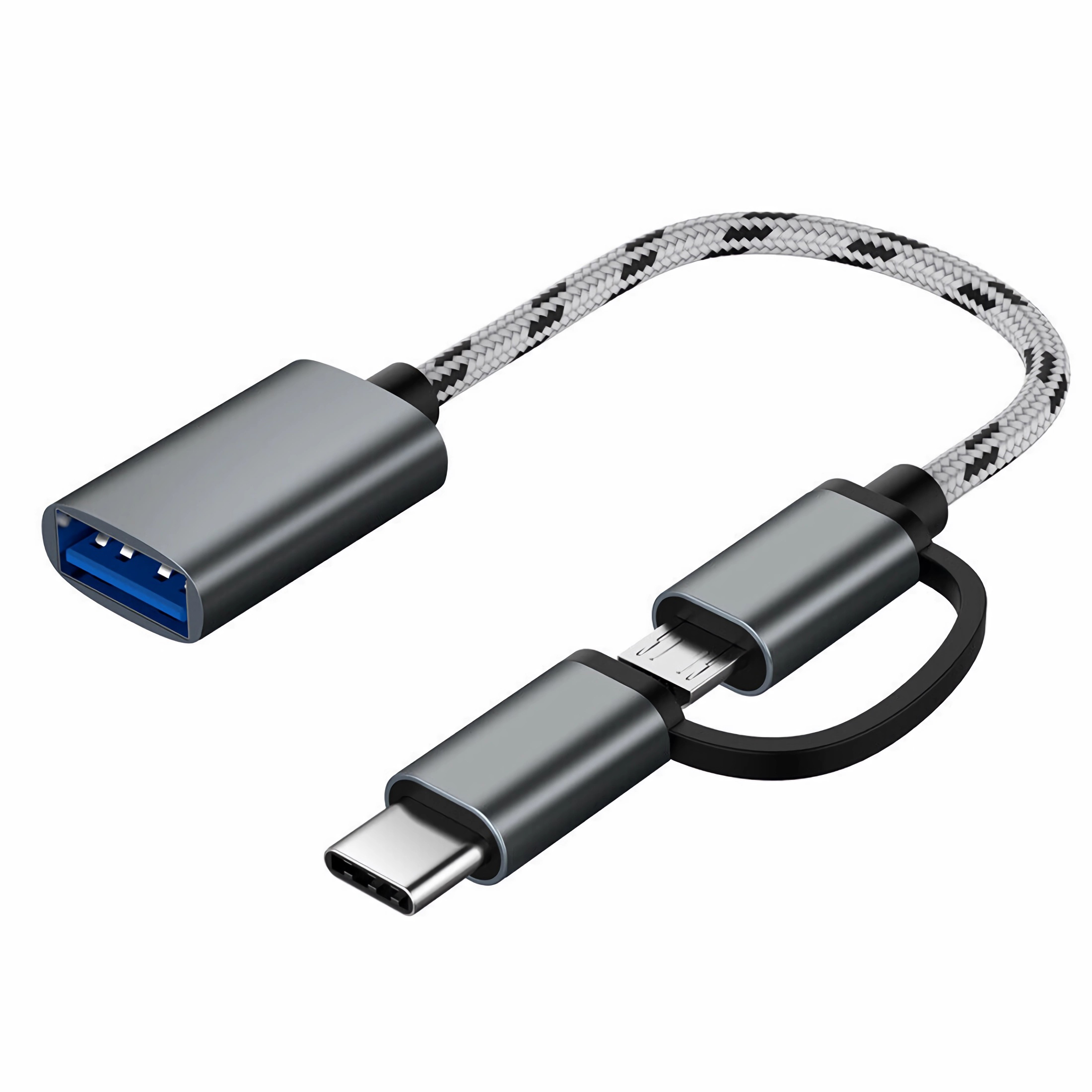 Ein graues USB-zu-USB-C- und Micro-USB-Adapterkabel. Das Kabel ist geflochten, die Stecker sind aus Metall.