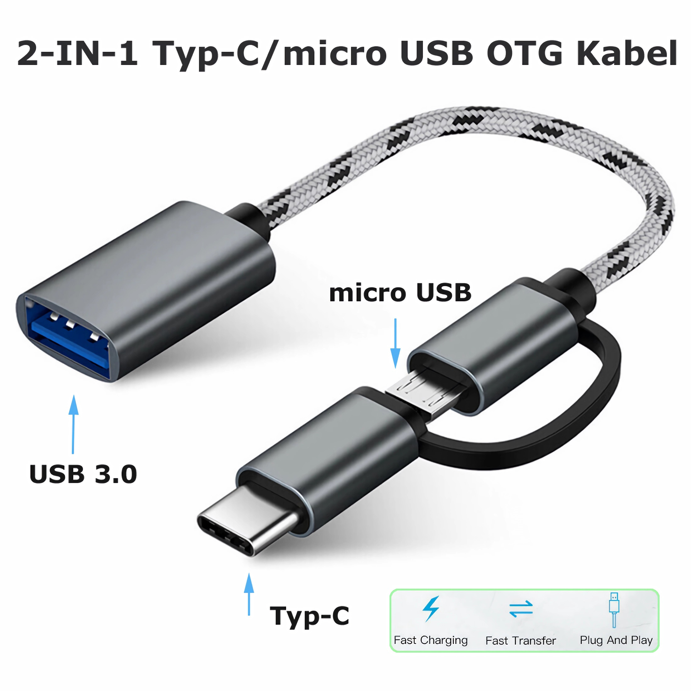 Ein 2-in-1 USB-Kabel mit USB 3.0 und Micro-USB-Anschlüssen.