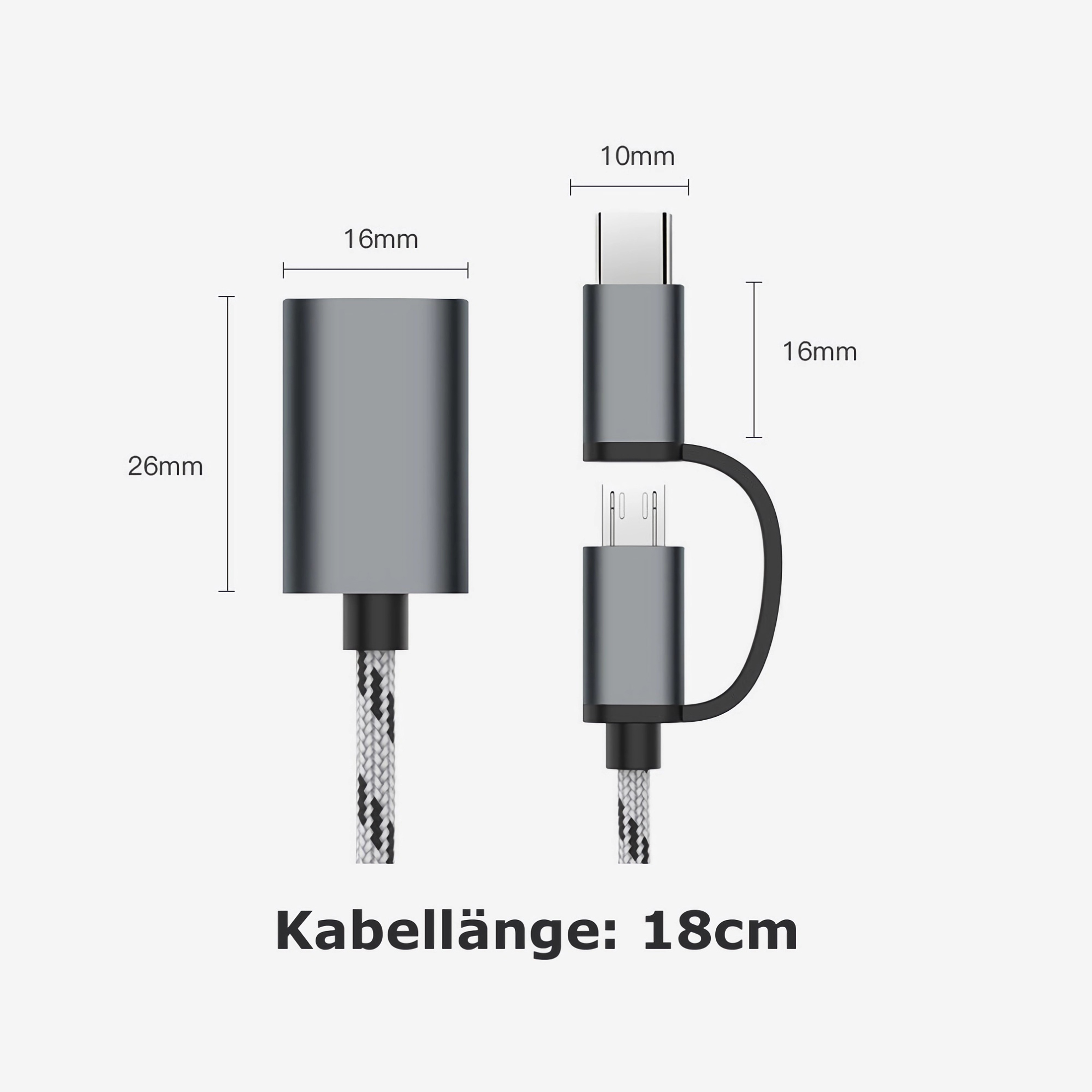 Grauer USB-Adapter mit Maßen. Kabellänge 18cm. Adapter und Anschlüsse sind dargestellt.