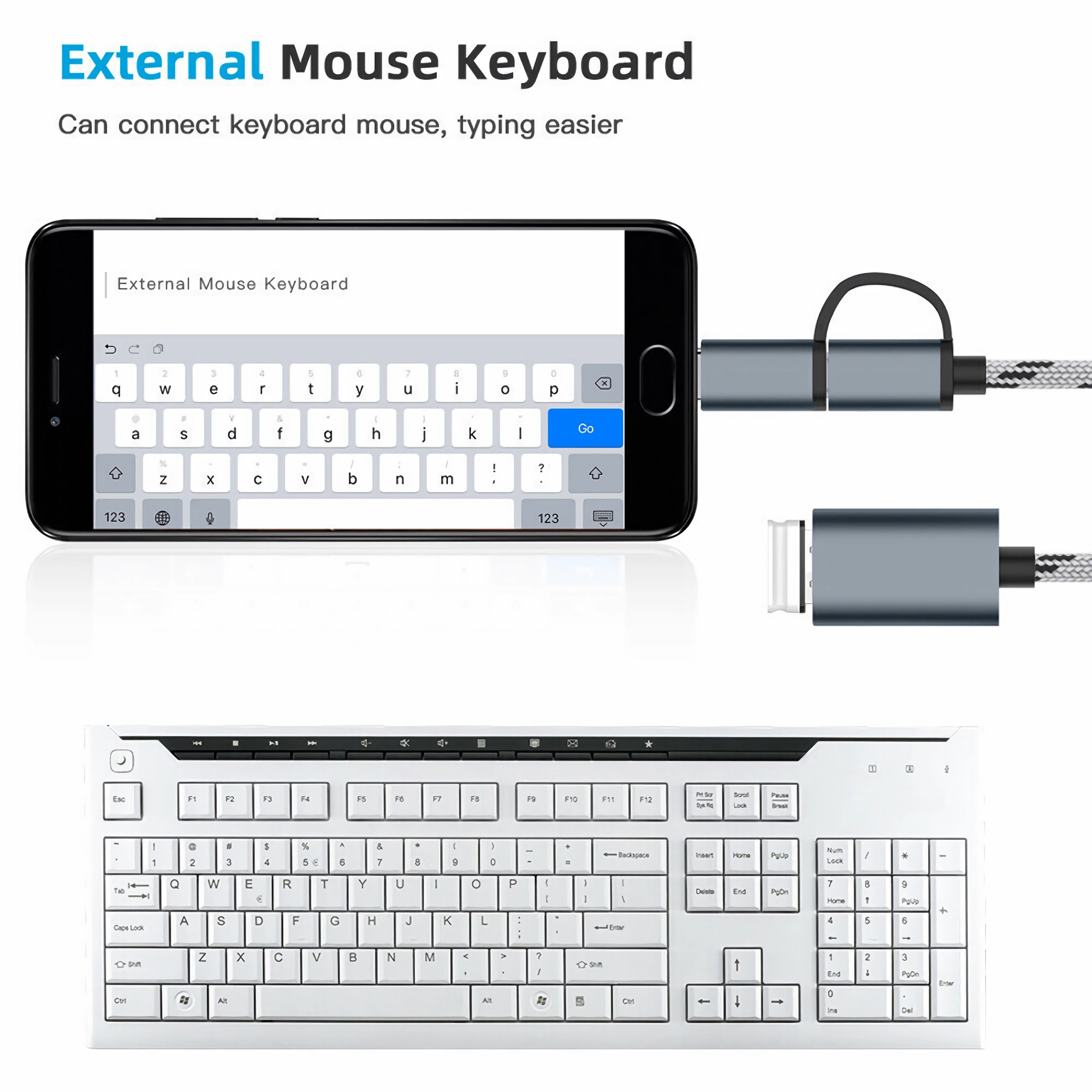 Ein Smartphone, das mit einer Tastatur und einem Ladekabel verbunden ist. Telefon zeigt Tippoberfläche. Weiße Tastatur unten.