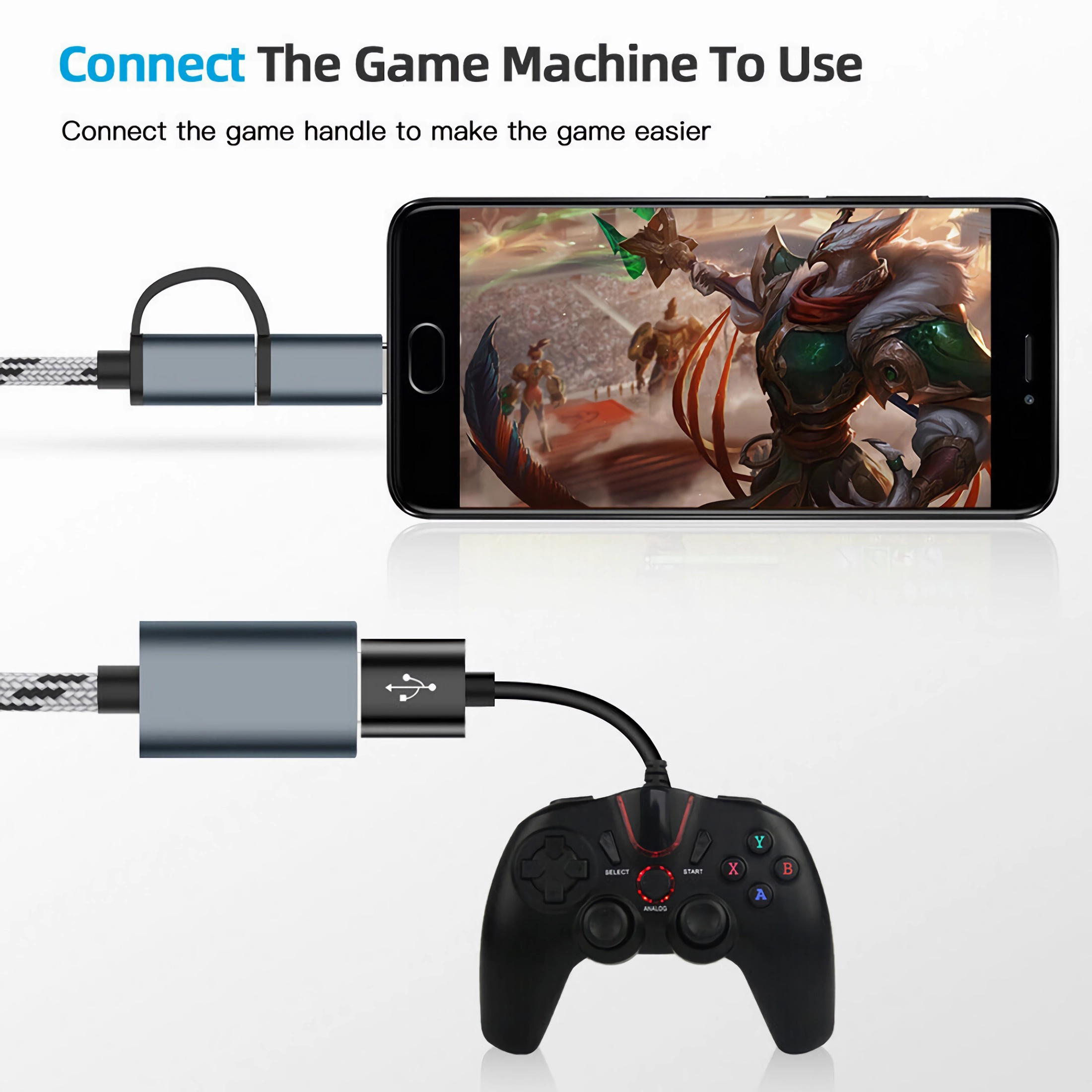 Ein Telefon, das über USB mit einem Gamecontroller verbunden ist. Der Telefonbildschirm zeigt eine Spielszene.