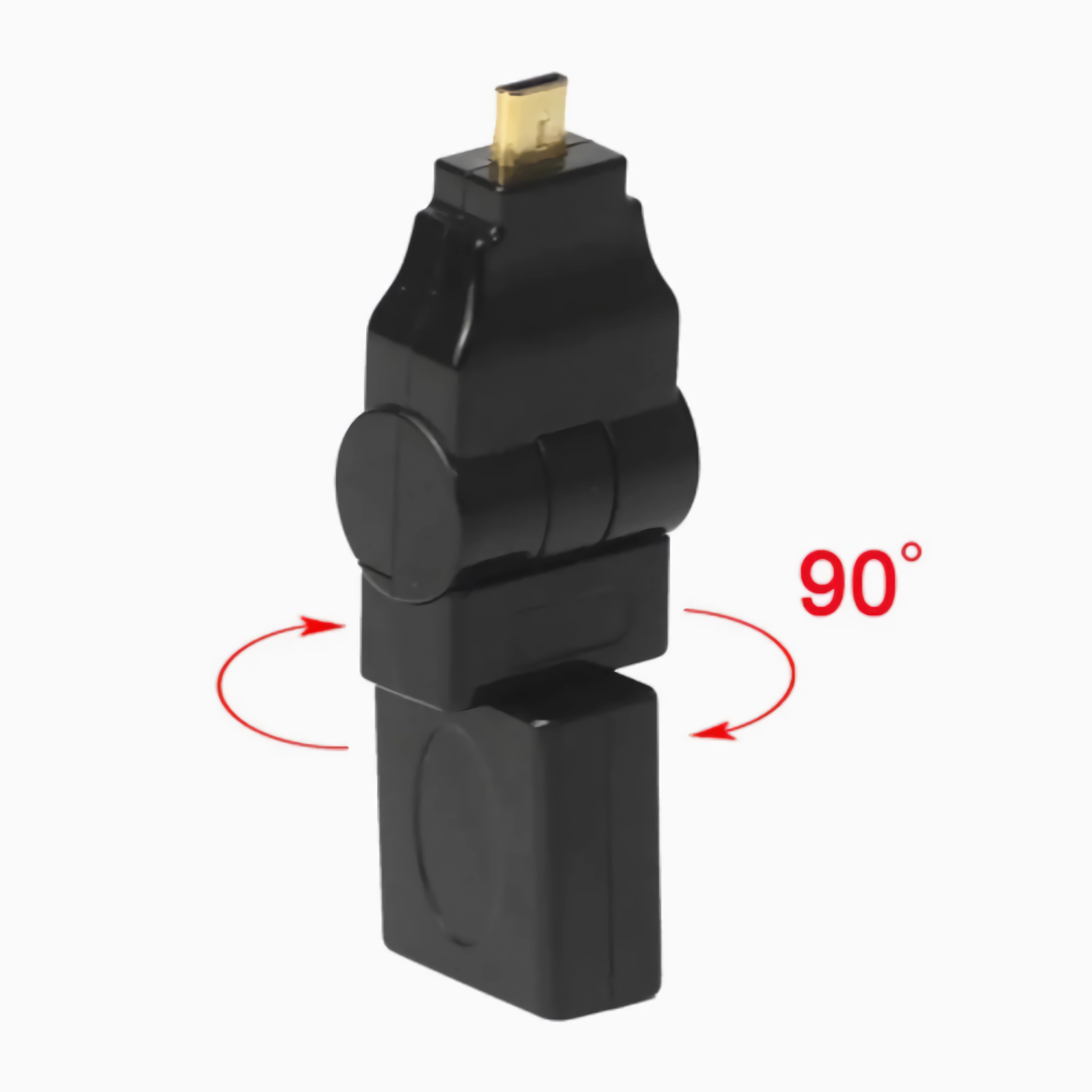 Ein schwarzer Adapter mit Drehfunktion zeigt einen 90-Grad-Winkel, Pfeile zeigen die Richtung an.