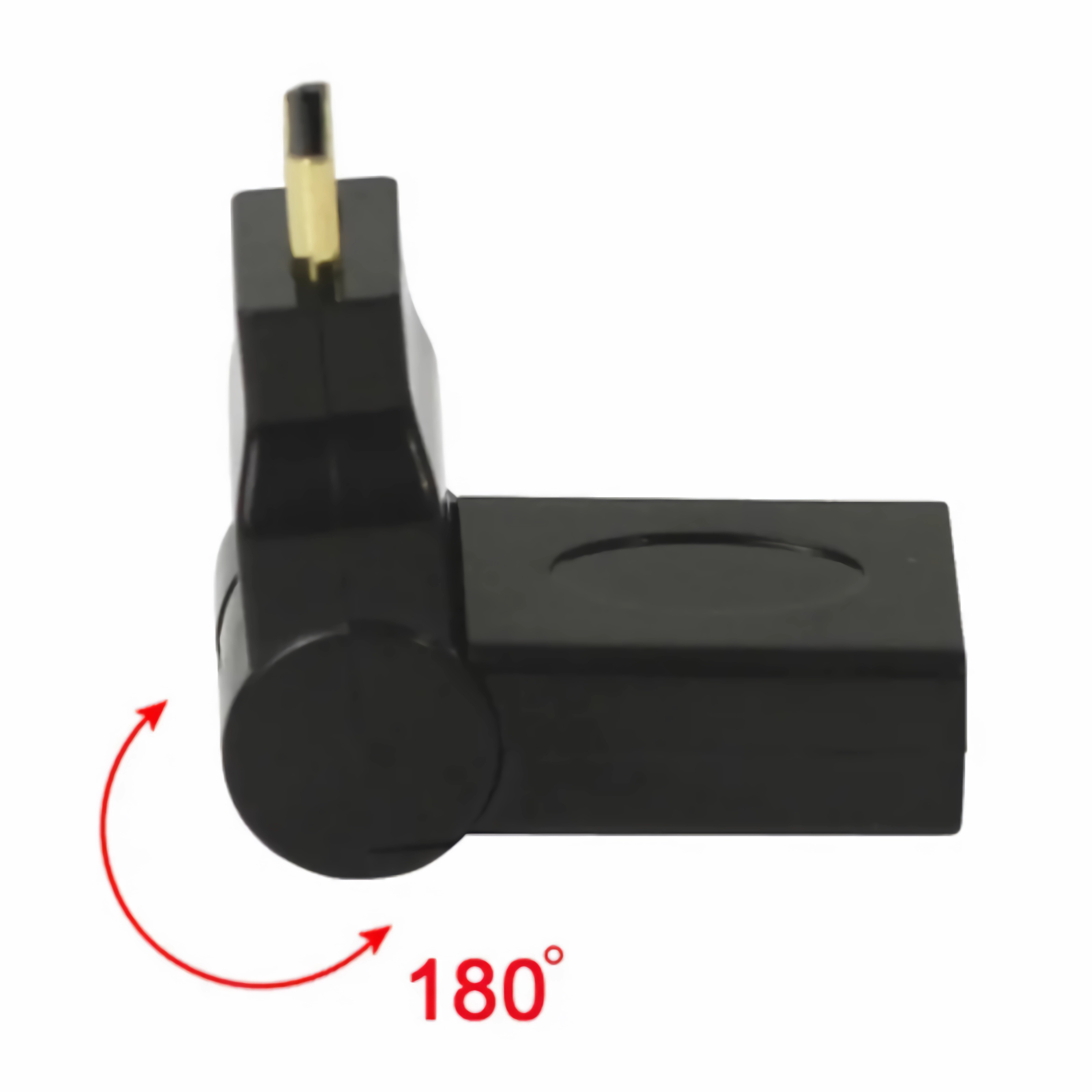 Schwarzer Winkeladapter mit Goldstift. Ein 180-Grad-Pfeil zeigt die Drehung an.