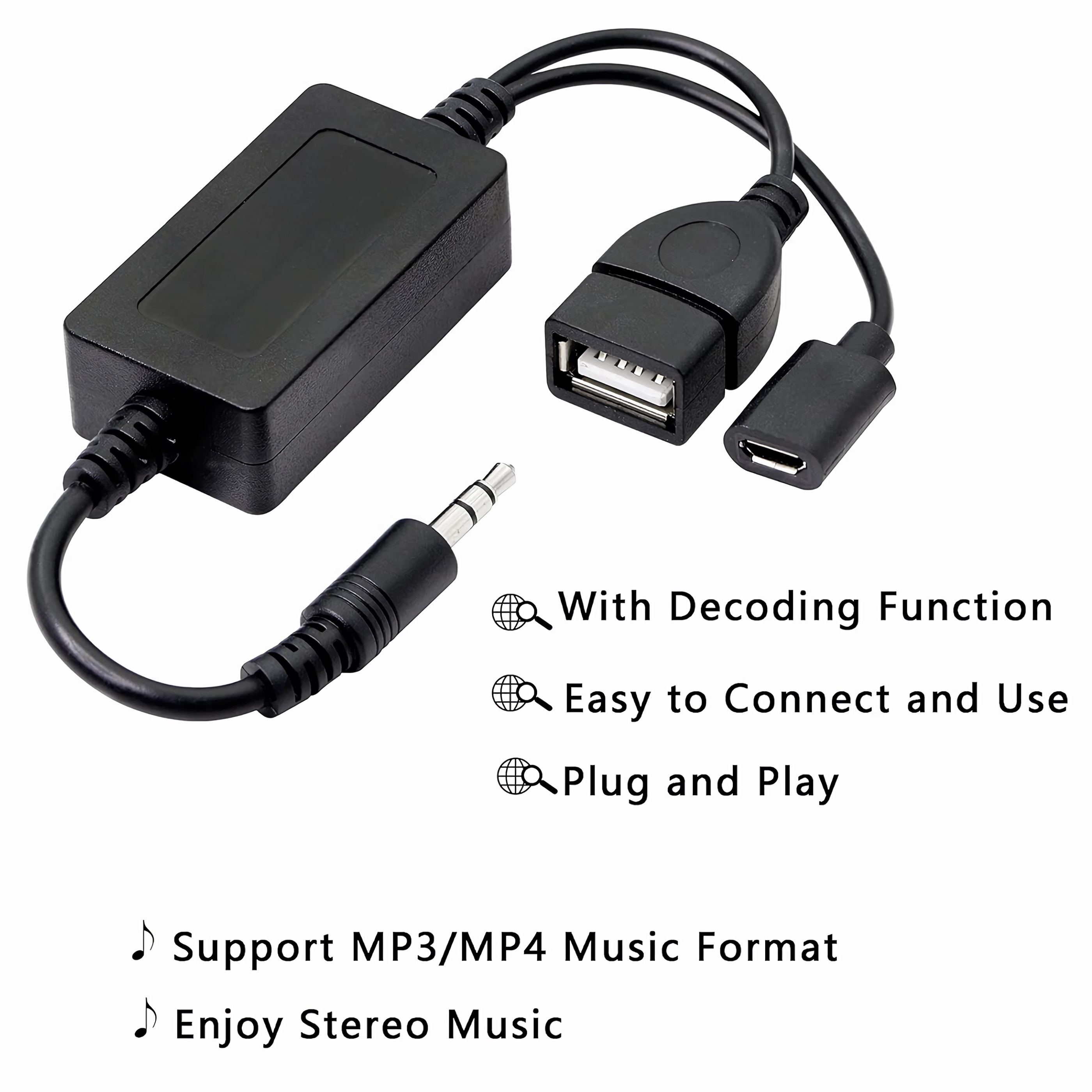 Schwarzer Adapter mit USB-, USB-C- und Aux-Kabelanschlüssen, mit Textbeschreibungen.