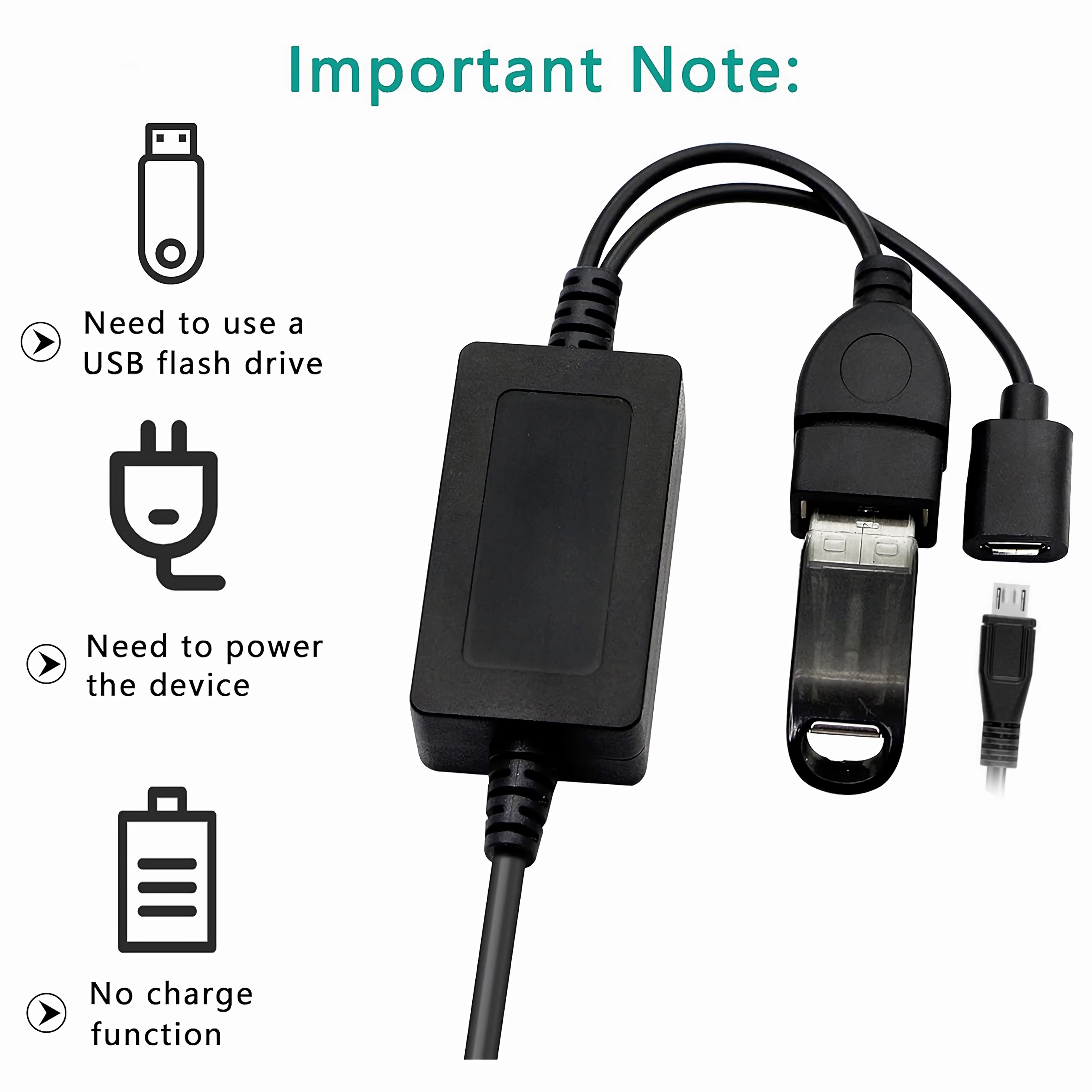 Schwarzes Kabel mit USB-, Micro-USB-Anschlüssen und einem schwarzen Adapter mit Text.