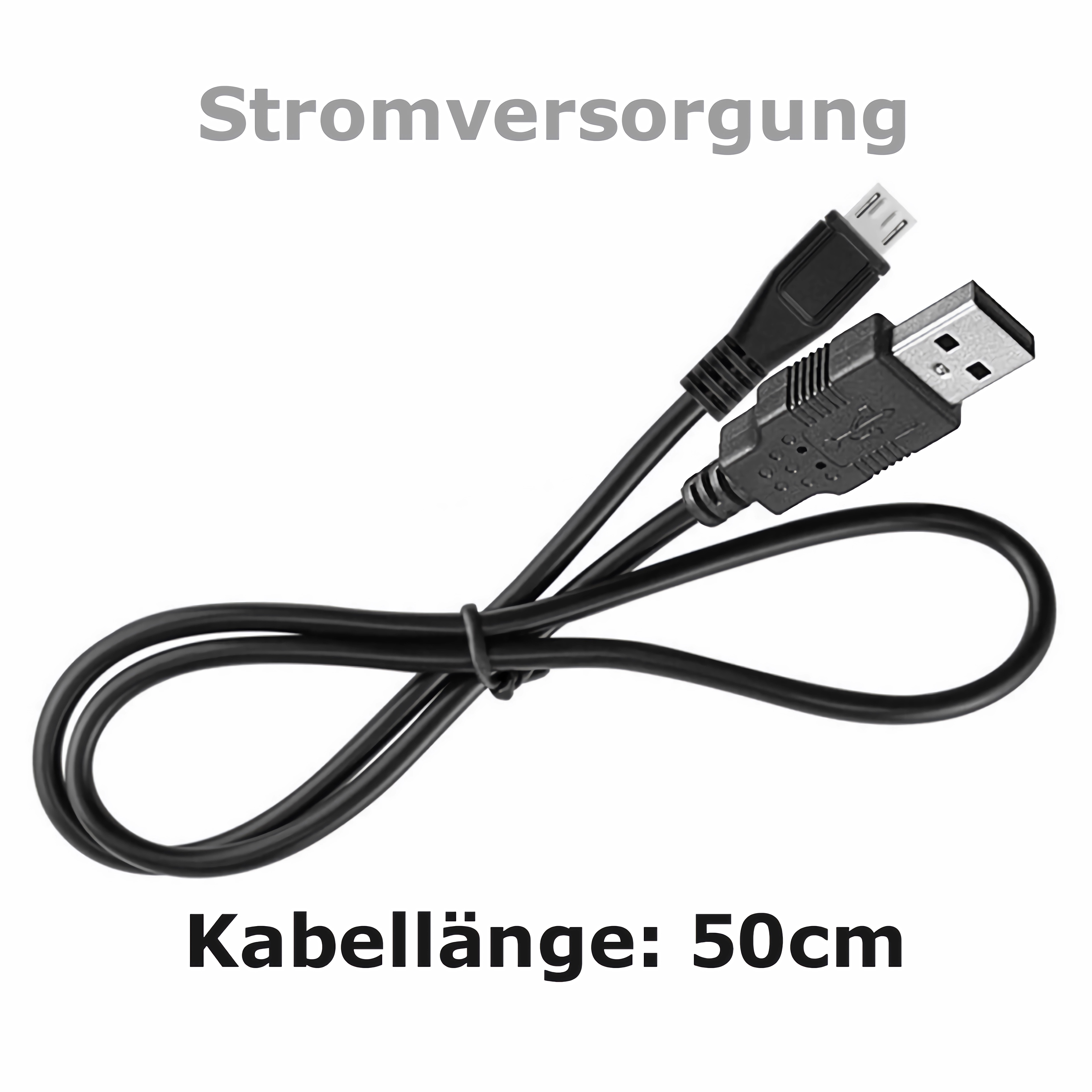 Schwarzes USB-Kabel mit zwei Anschlüssen. Einer ist USB-A, der andere Micro-USB. Mit Text beschriftet.