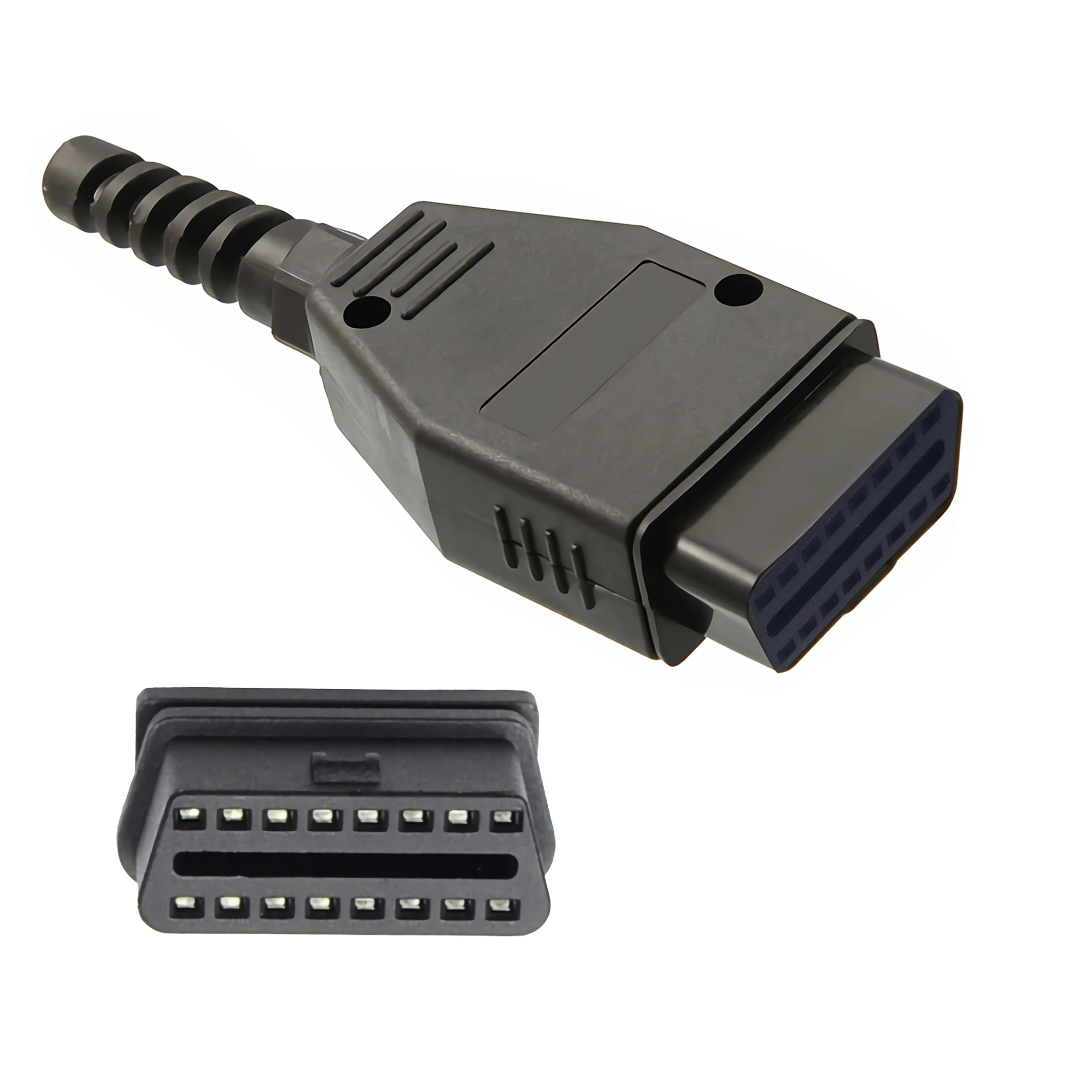 Schwarzer OBD2-Stecker mit zwei Teilen. Weißer Hintergrund.