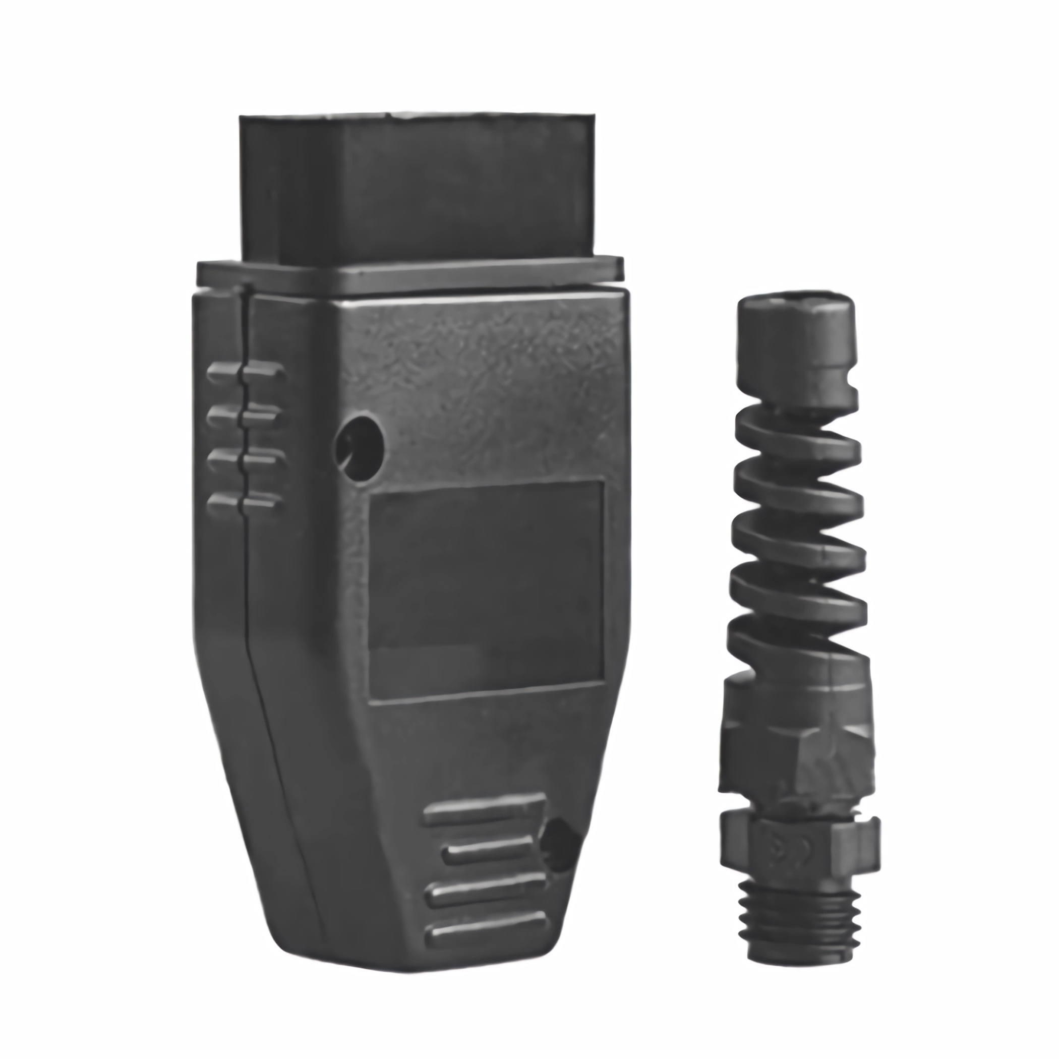Schwarzer OBD2-Scanner mit einem separaten, federartigen schwarzen Teil. Weißer Hintergrund.