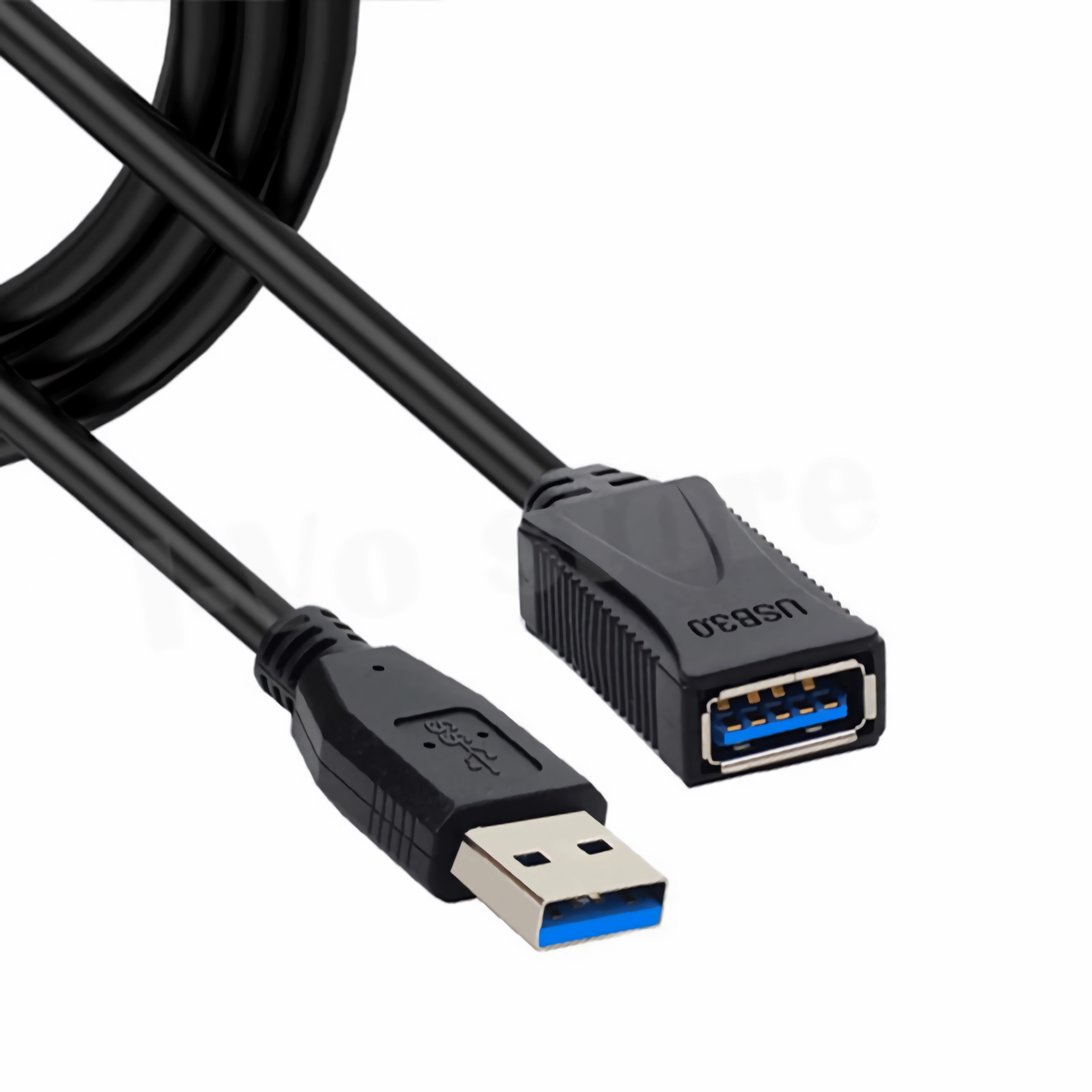 Schwarzes USB-Kabel mit USB-A- und USB-B-Anschlüssen, weißer Hintergrund.
