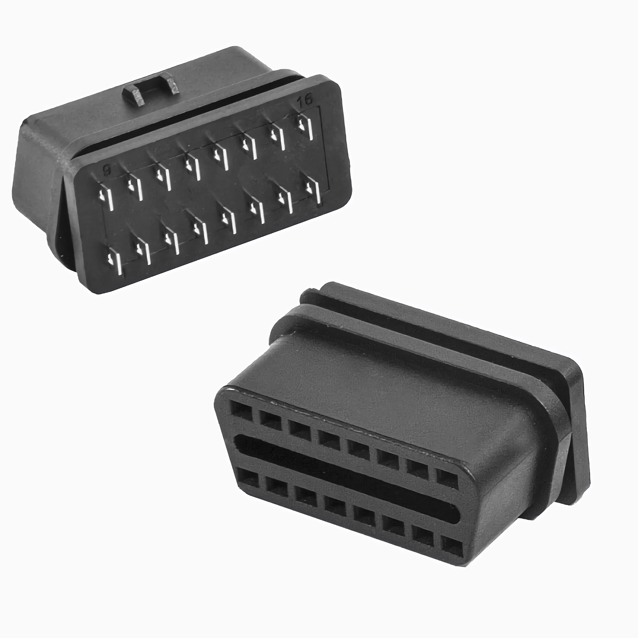 Zwei schwarze rechteckige OBD-Stecker mit Pins, für Fahrzeugdiagnose.