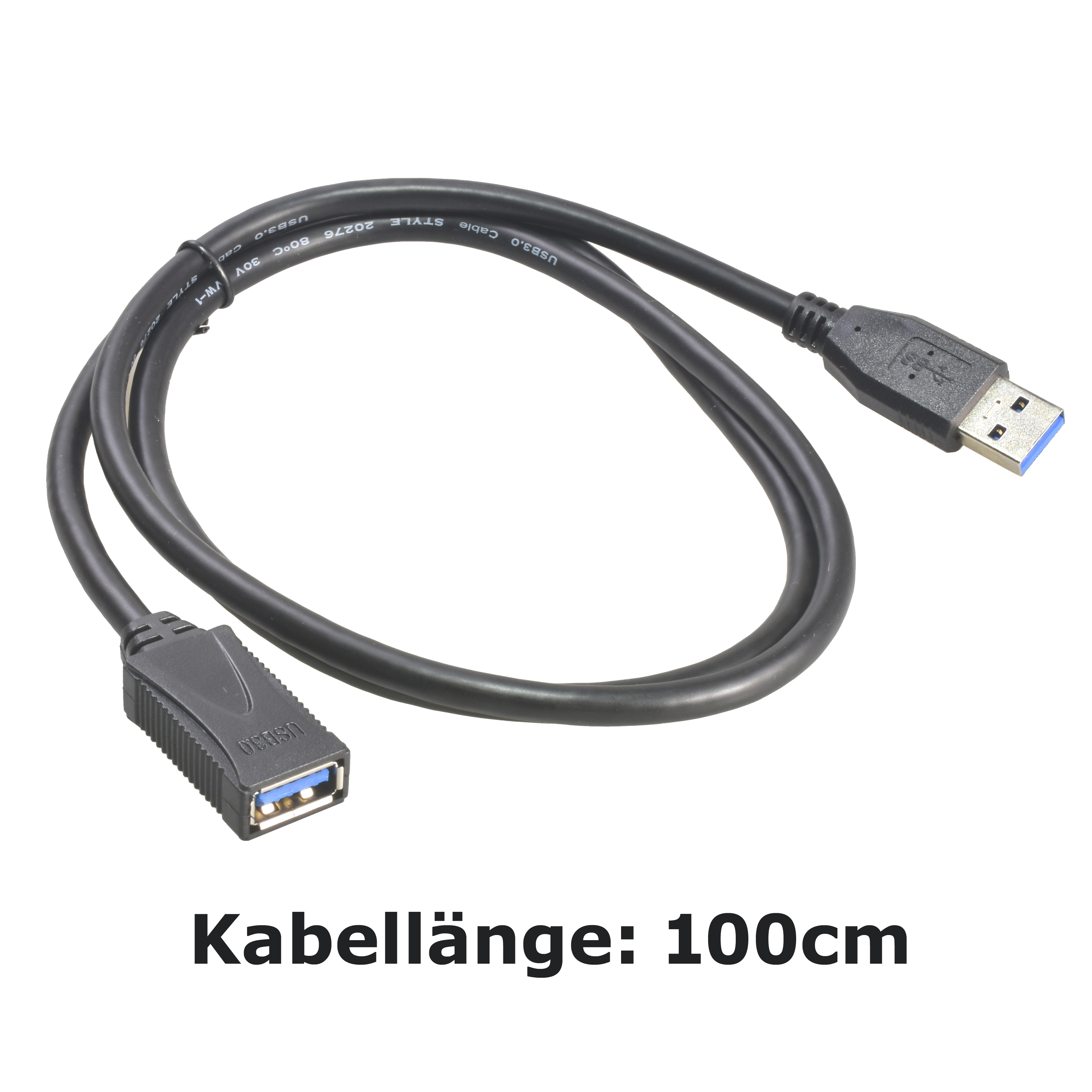 Schwarzes USB-Kabel mit USB 3.0-Anschlüssen. Text: "Kabellänge: 100cm".