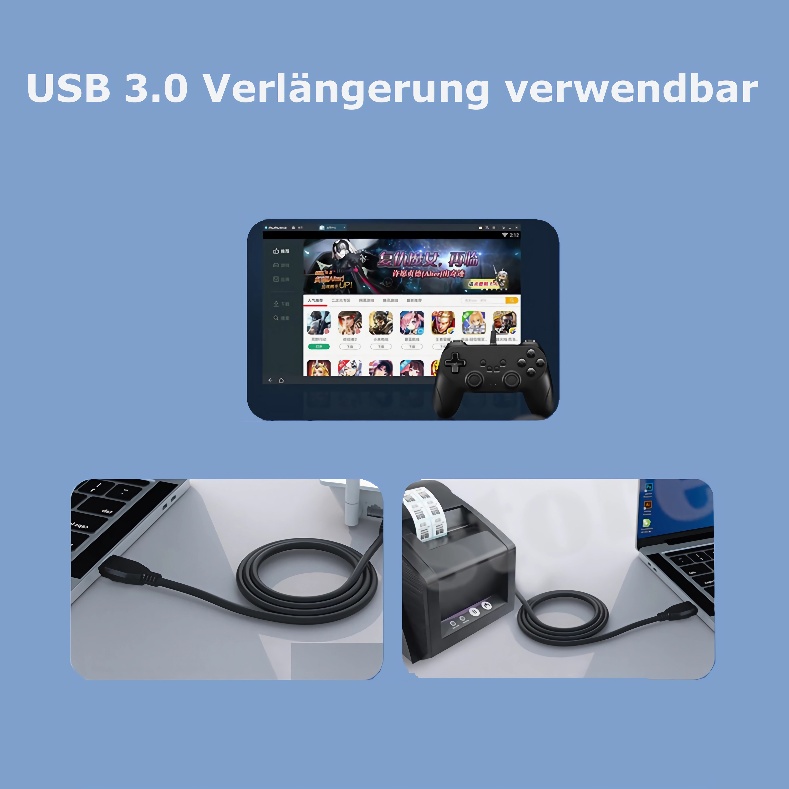 Ein Tablet, das eine Spieloberfläche anzeigt, und zwei Beispiele für angeschlossene USB-Kabel.