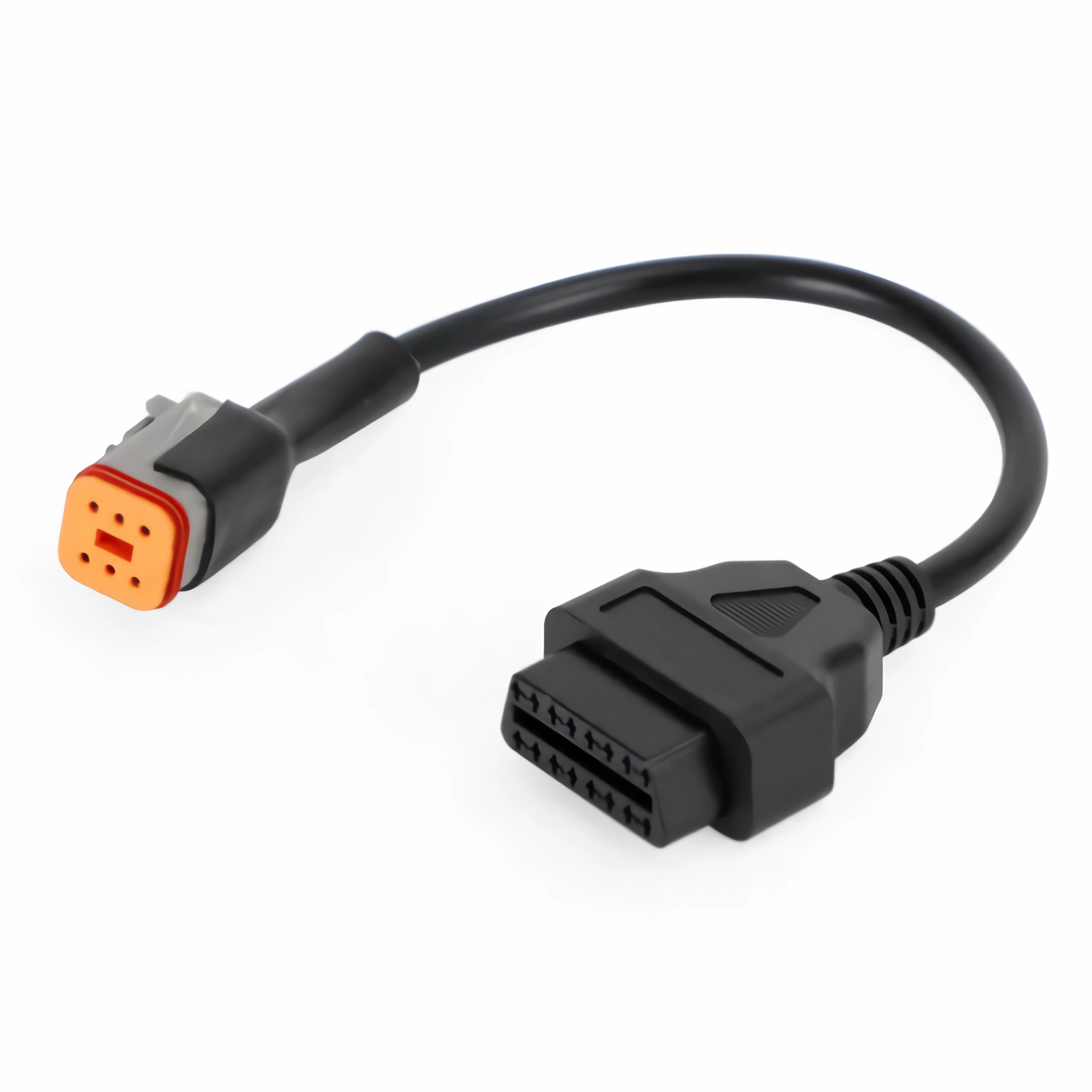 Schwarzer OBD2-Stecker mit orangefarbenen und grauen Teilen, weißer Hintergrund.