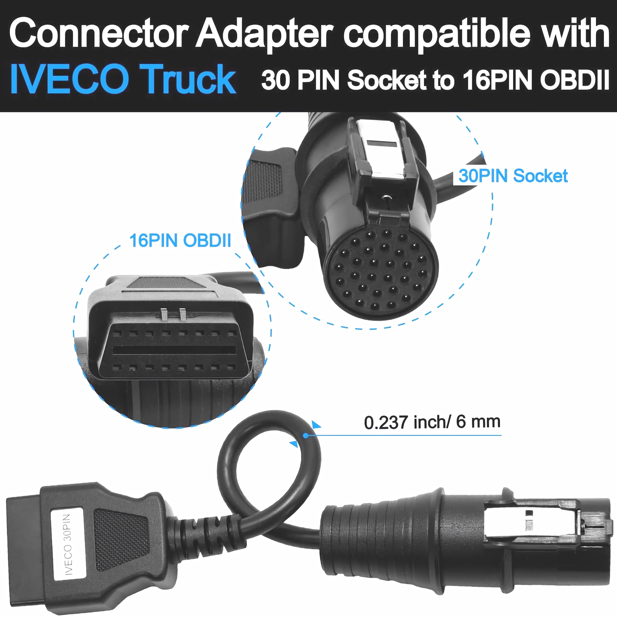 Nahaufnahme eines Adaptersteckers, kompatibel mit IVECO Truck, mit 30- und 16-PIN-Buchsen.