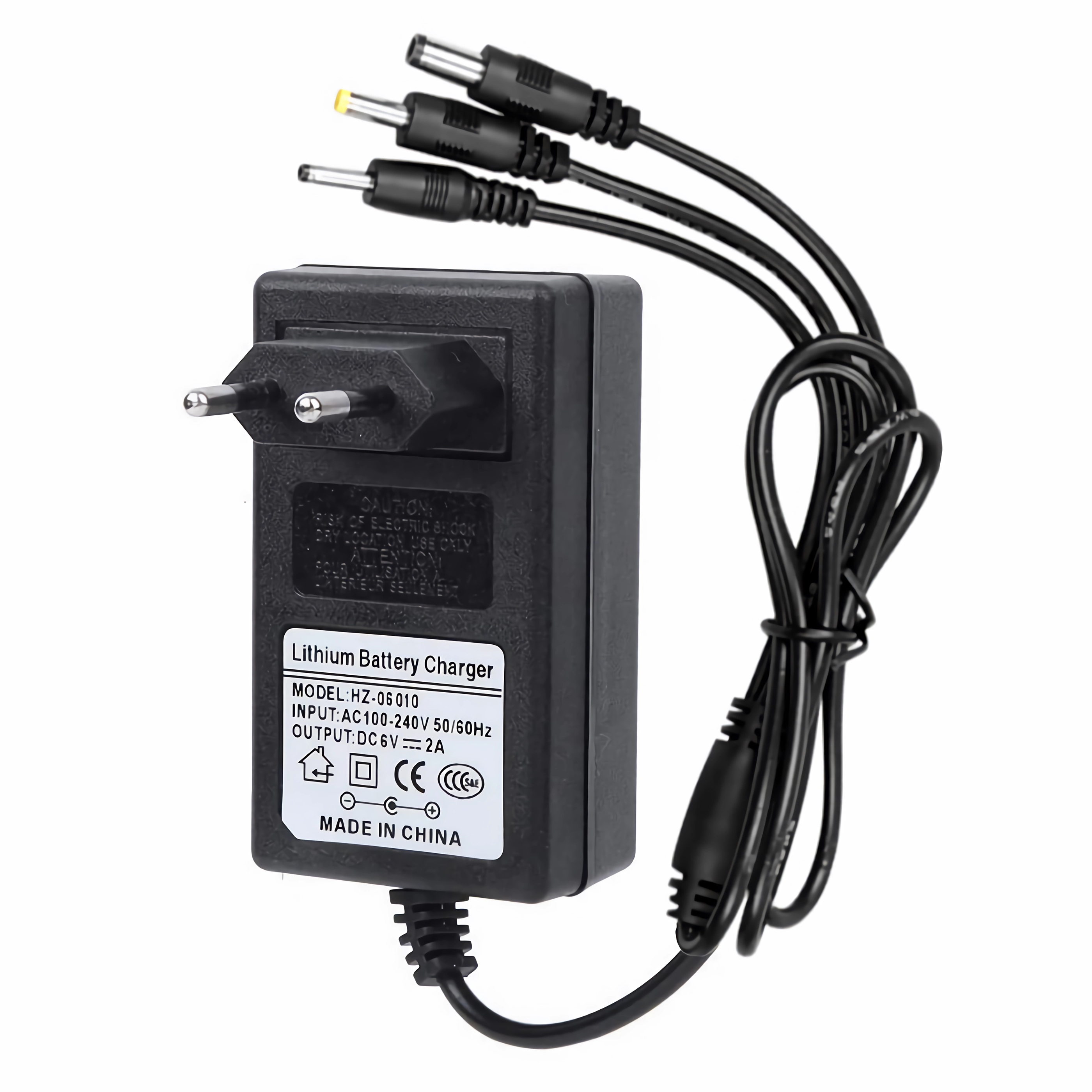 Schwarzes Lithium-Batterieladegerät mit mehreren Anschlüssen und Eurostecker.