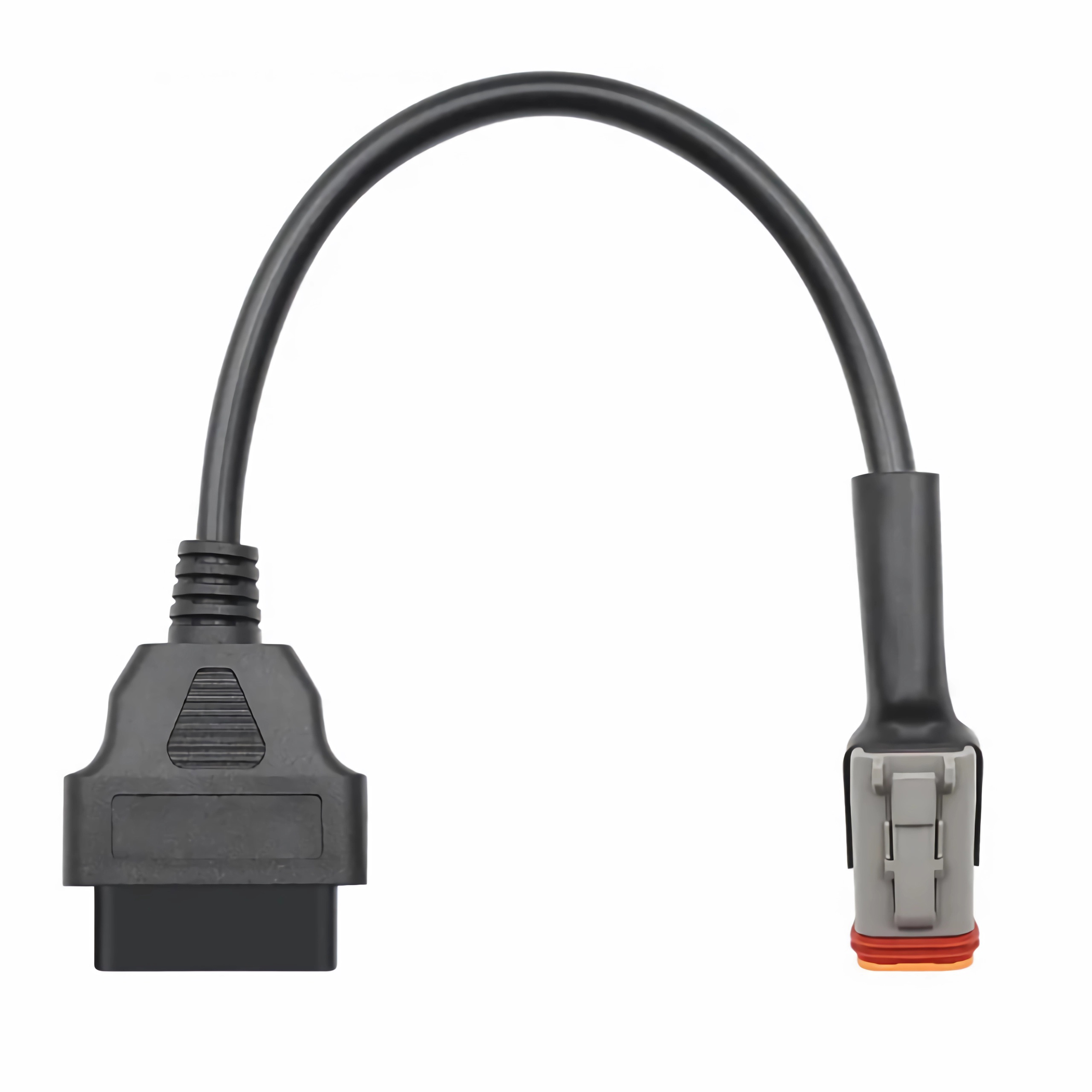 Schwarzes OBD2-Kabel mit Steckern. Ein Ende ist ein Standard-16-poliger Stecker, das andere ein anderer.