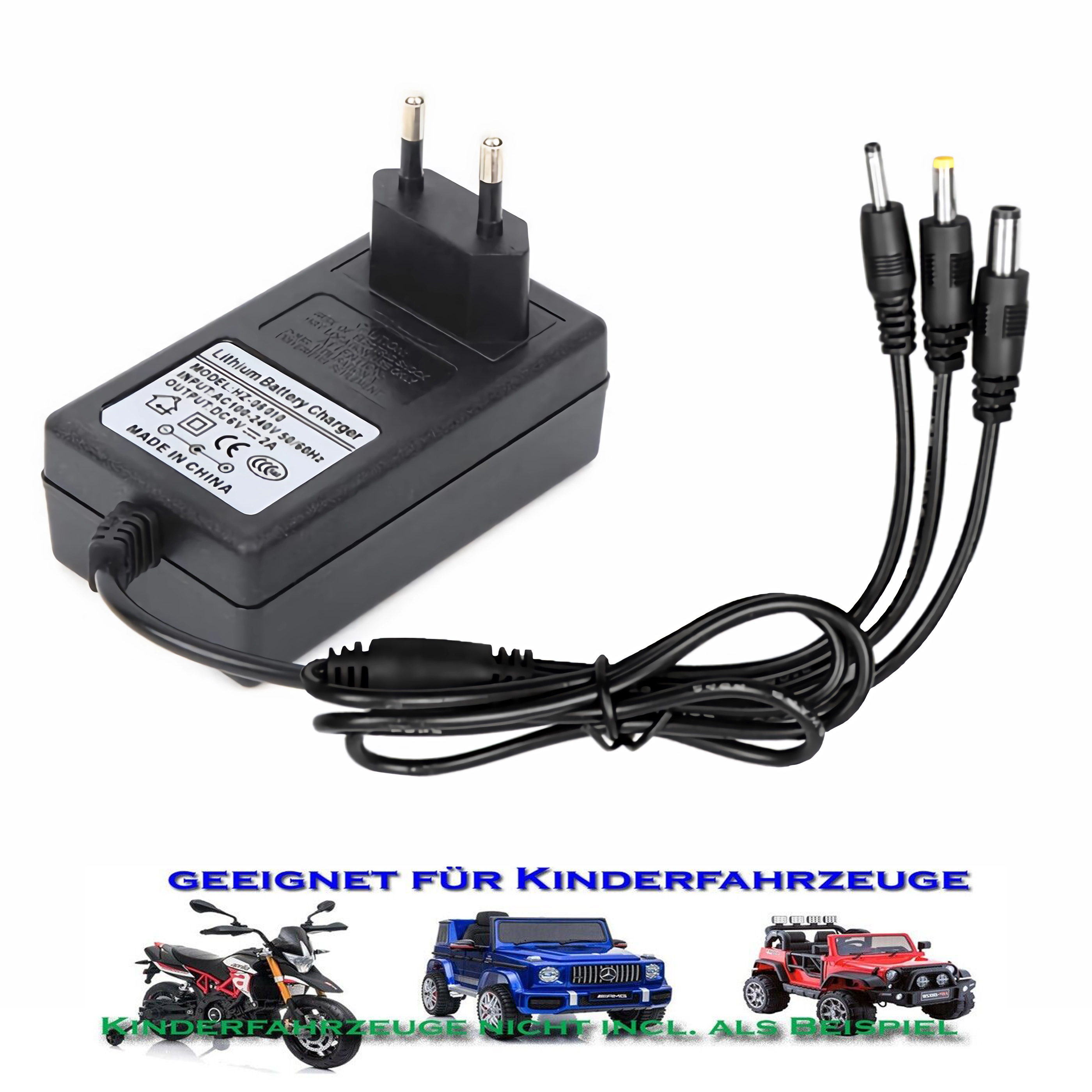 Ein schwarzes Ladegerät mit mehreren Ausgangsanschlüssen und Beispielen für Spielzeugfahrzeuge.