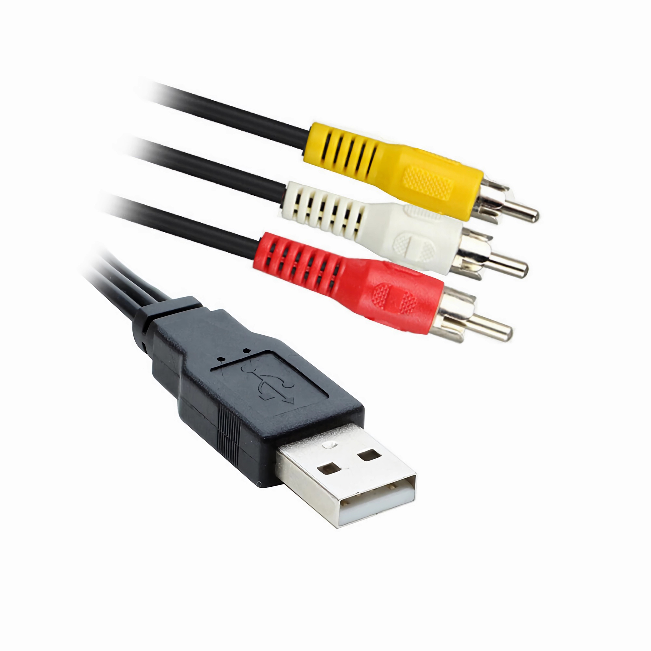 USB-Kabel mit roten, weißen und gelben Cinch-Anschlüssen. Schwarzes Kabel mit weißem Hintergrund.