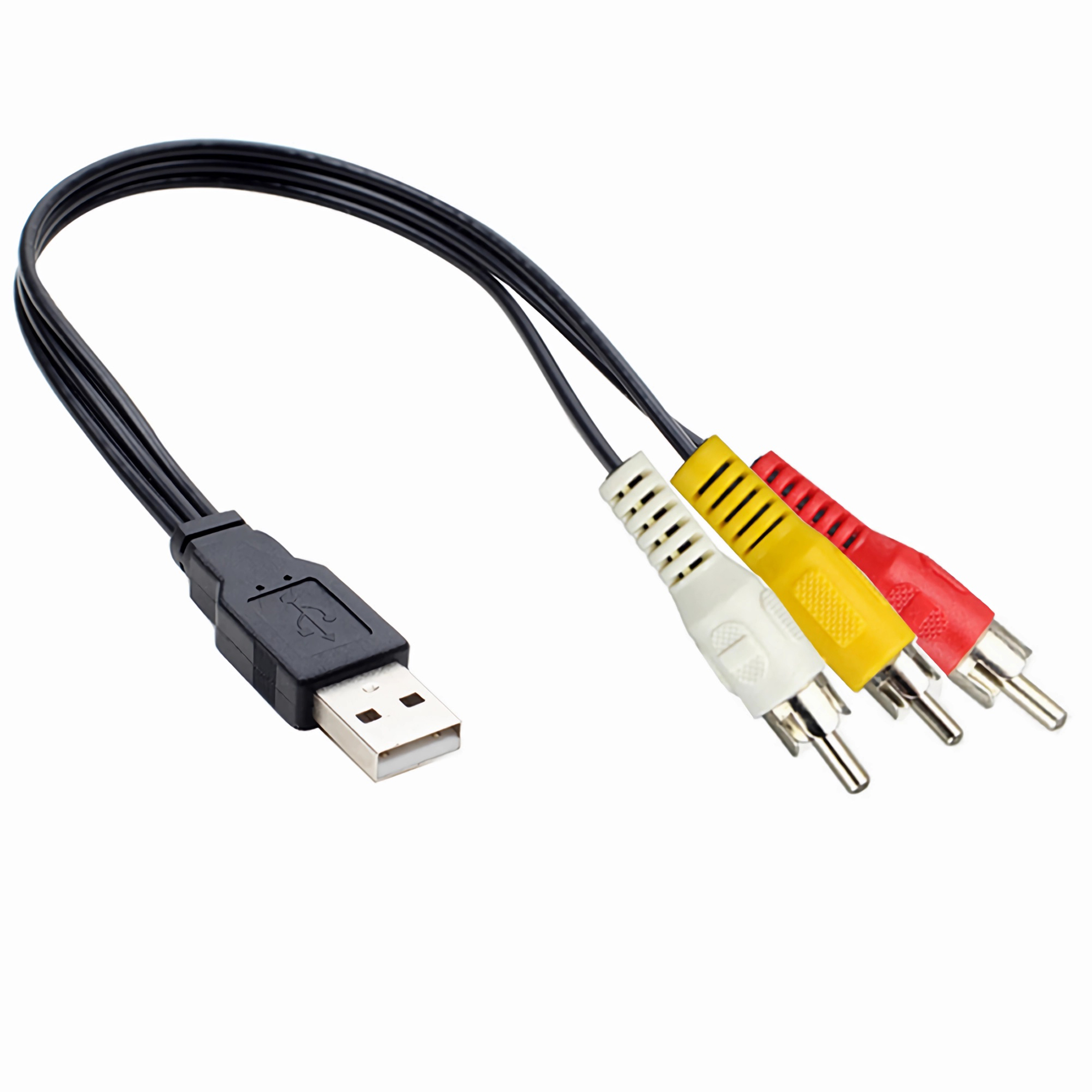 USB-zu-Cinch-Kabel. Das Kabel ist schwarz, mit USB- und Cinch-Anschlüssen.
