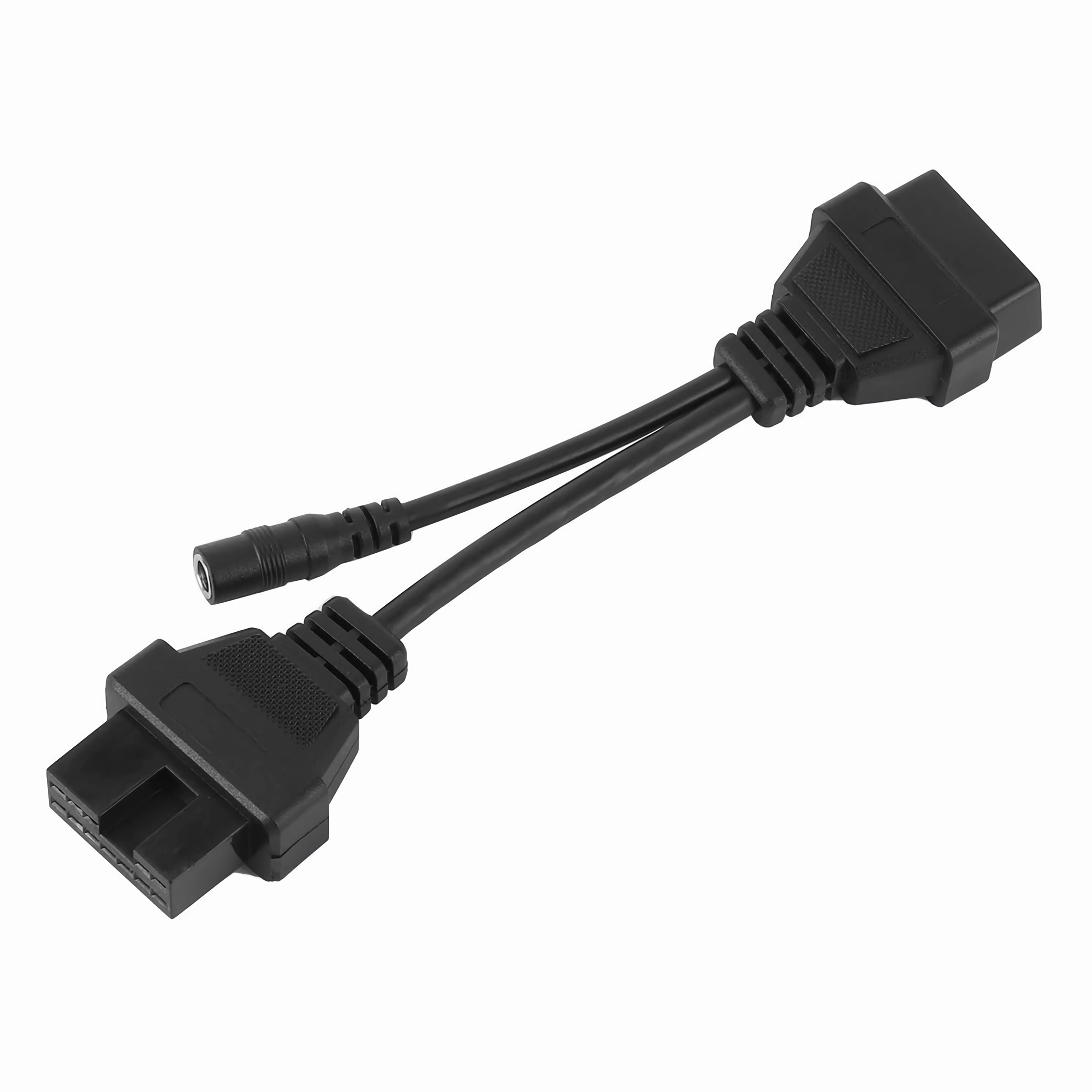 Schwarzes OBD2-Diagnosekabel. Weißer Hintergrund.