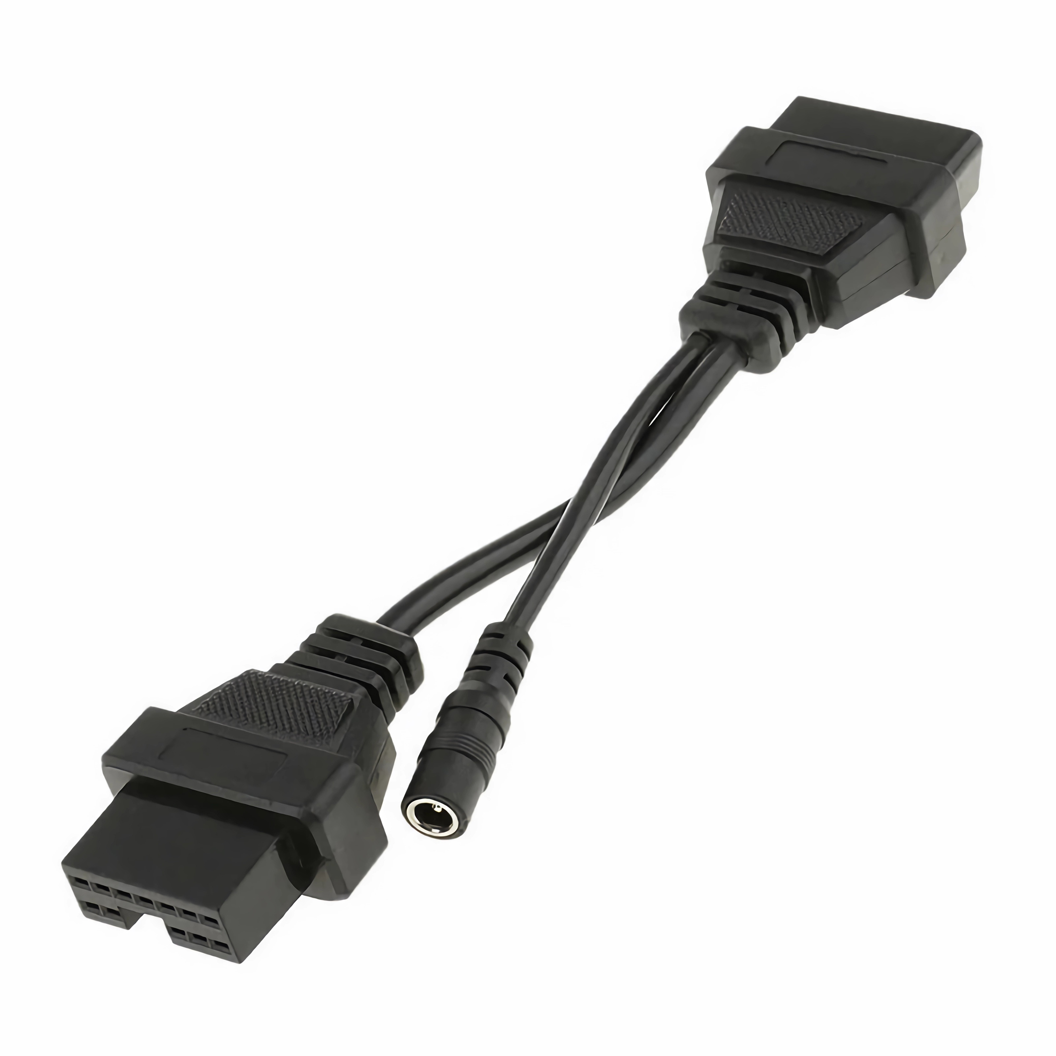 Schwarzes OBD2-Kabel mit zwei Steckern, für Fahrzeugdiagnose, auf weißem Hintergrund.