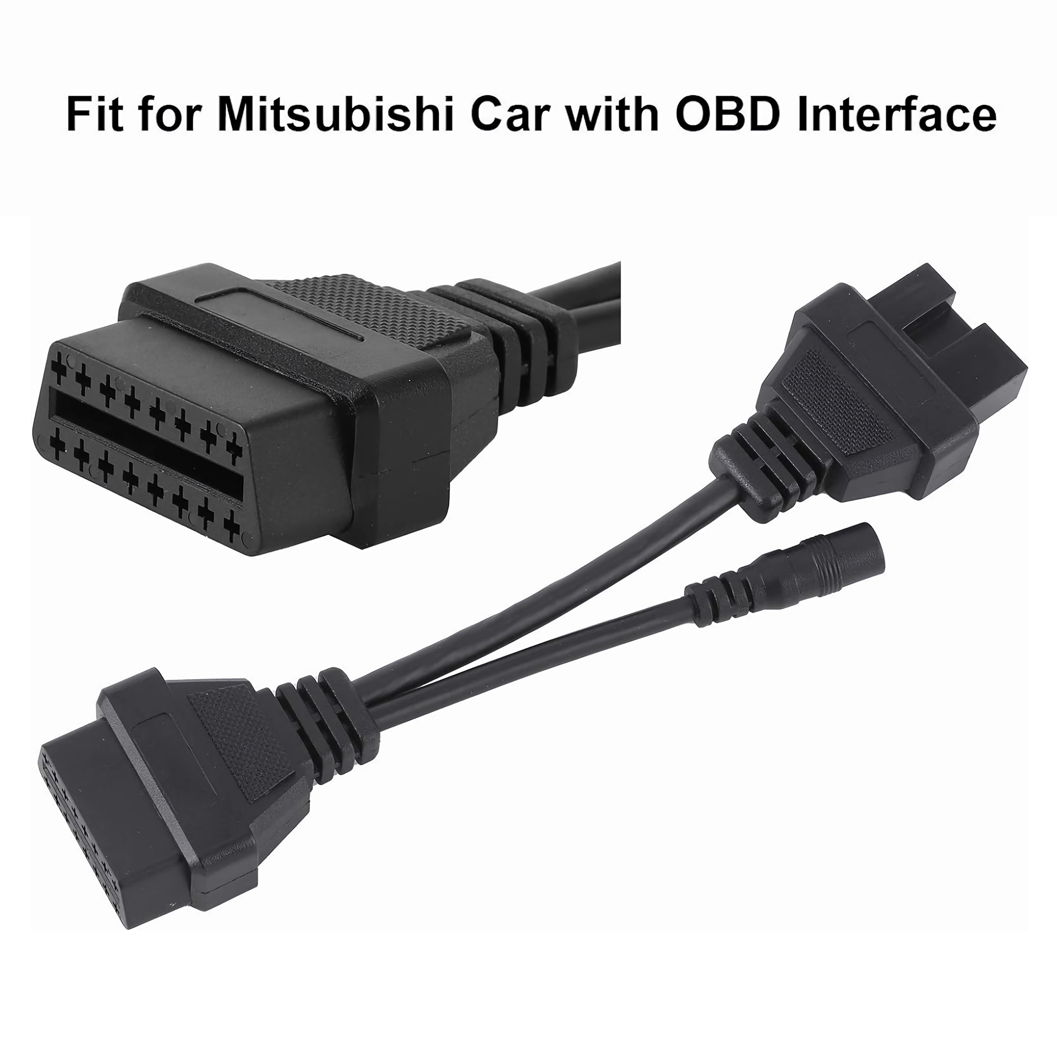 Schwarzes OBD-Schnittstellenadapterkabel für einen Mitsubishi. Zwei Anschlüsse und ein Kabel.