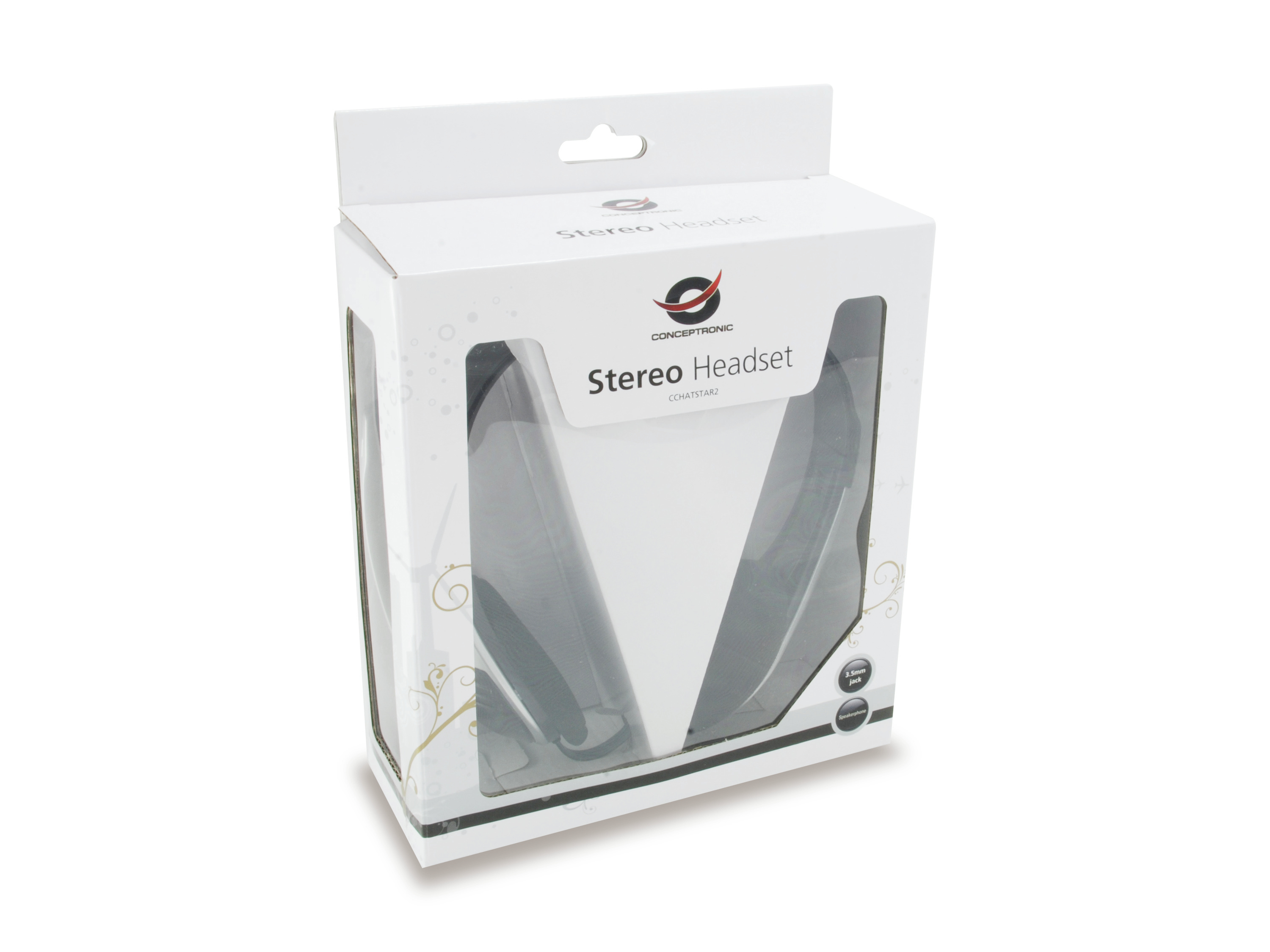 Białe i przezroczyste pudełko słuchawkowe z widocznymi słuchawkami na białym tle.