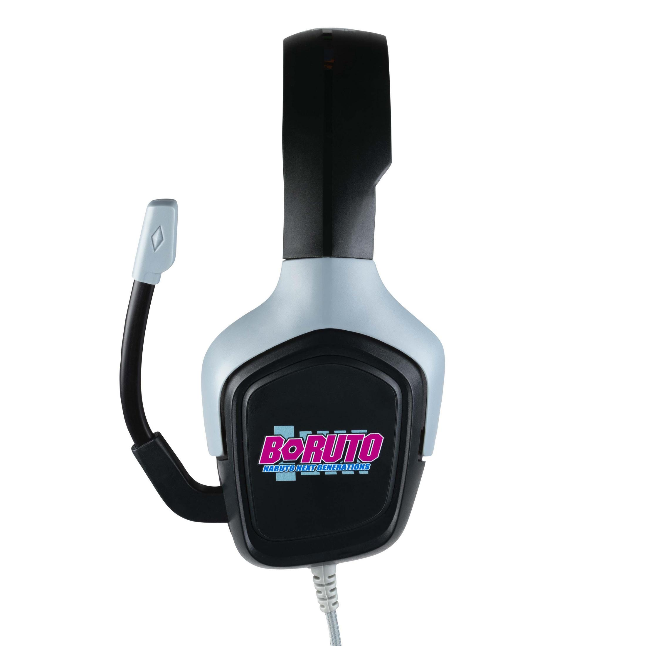 Zestaw słuchawkowy dla graczy w czarno-jasnoniebieskim kolorze, z mikrofonem po lewej.