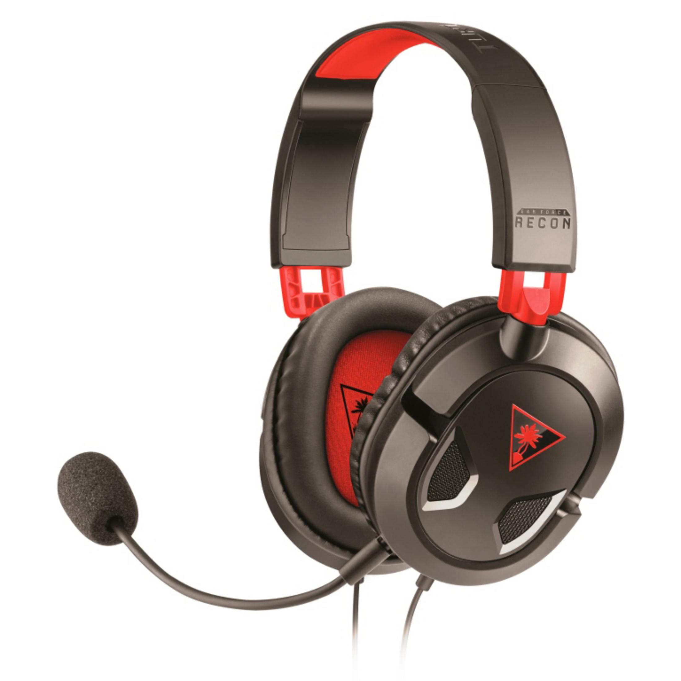 Casque de jeu noir et rouge avec un microphone. La marque est Turtle Beach.