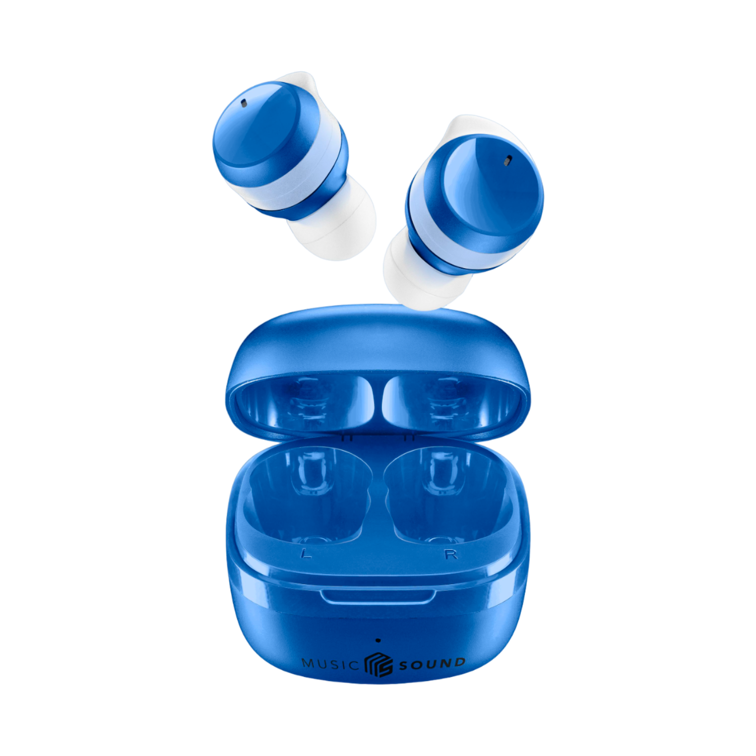 Paar blaue und weiße kabellose Ohrhörer mit Ladecase. Schwarzer Hintergrund.