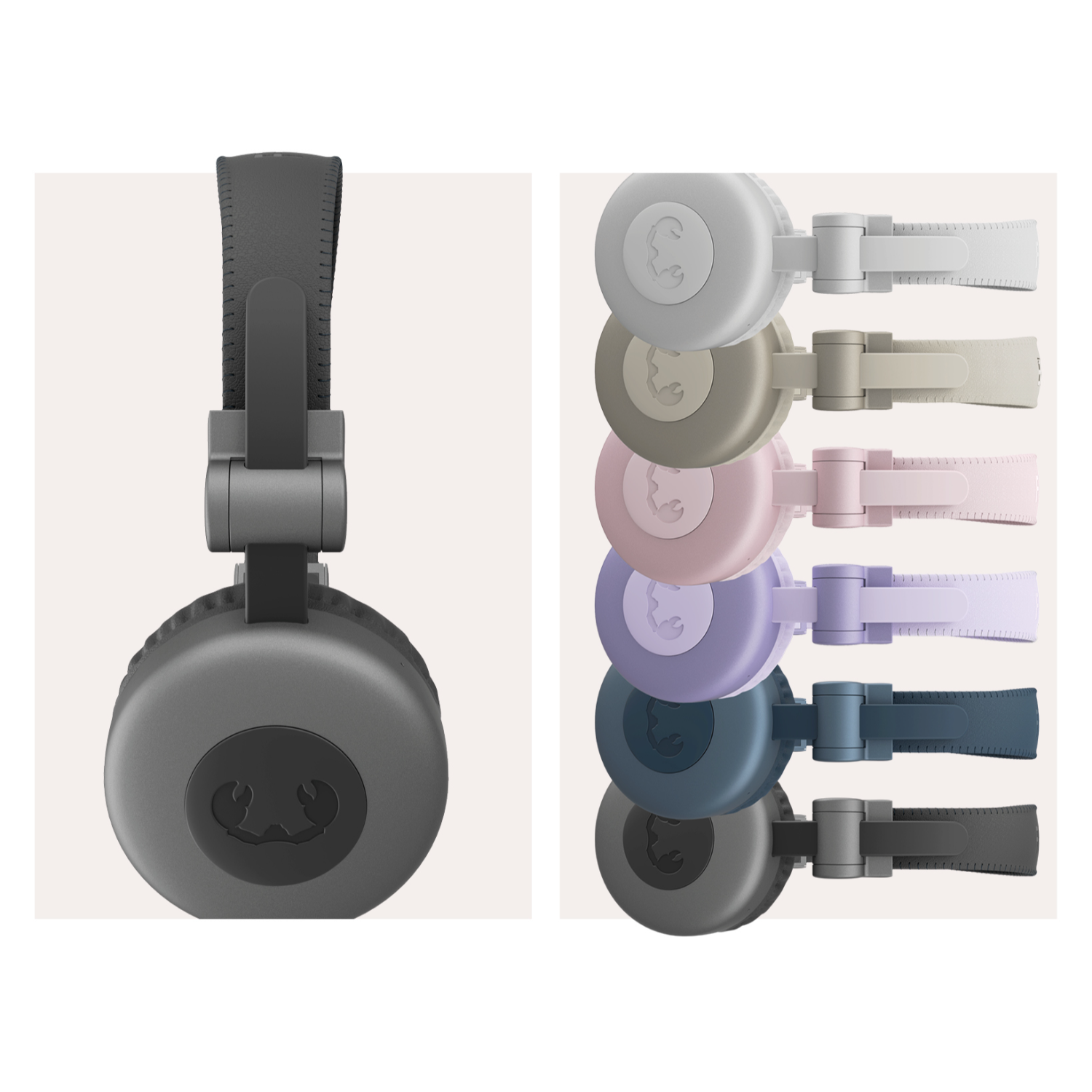 Kopfhörer mit Ohrmuscheln in verschiedenen Farben, graues Kopfband. Weißer Hintergrund.