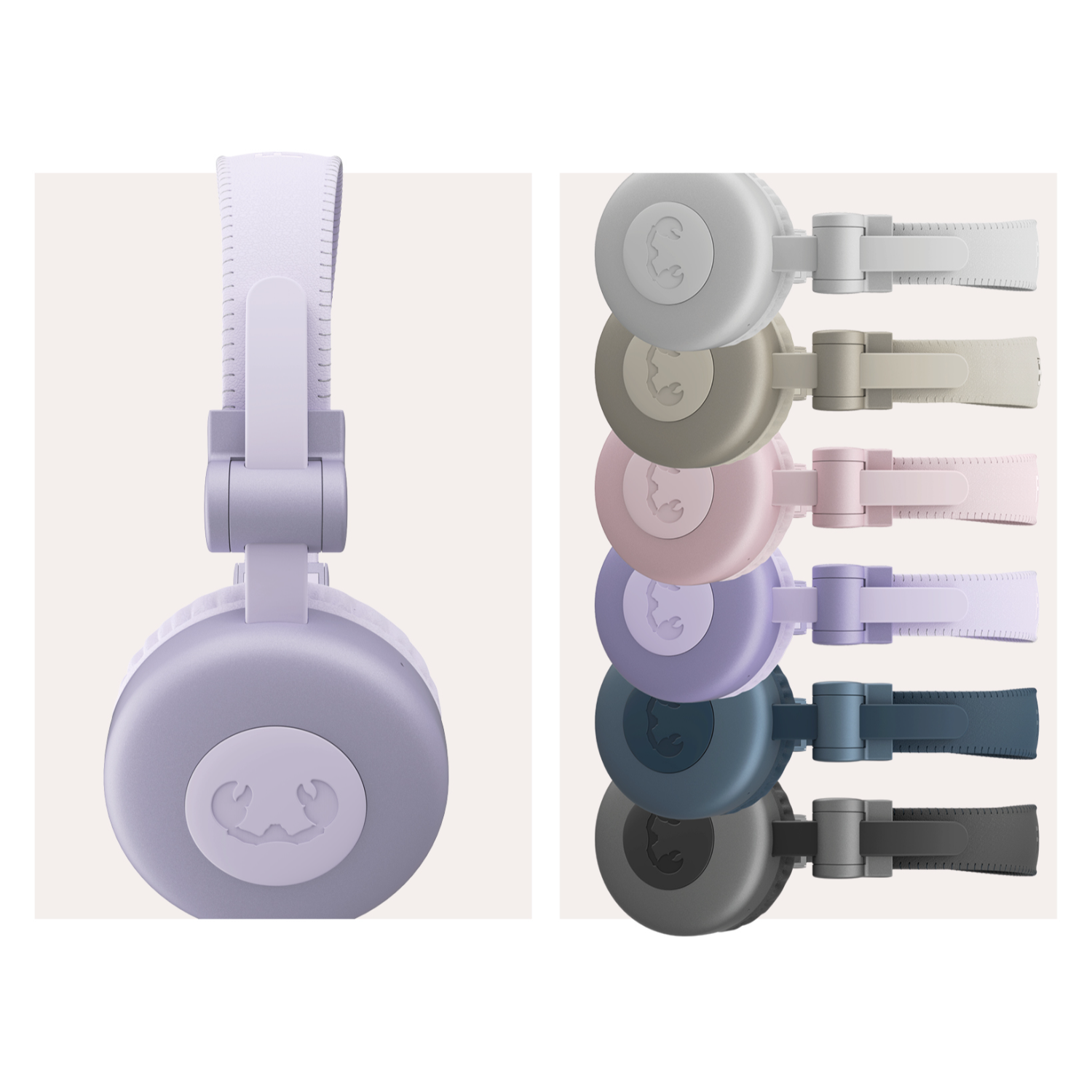 Kopfhörer in Lavendel, Grau, Beige, Rosa, Blau und Dunkelgrau. Zeigt die Bügel und Ohrmuscheln.