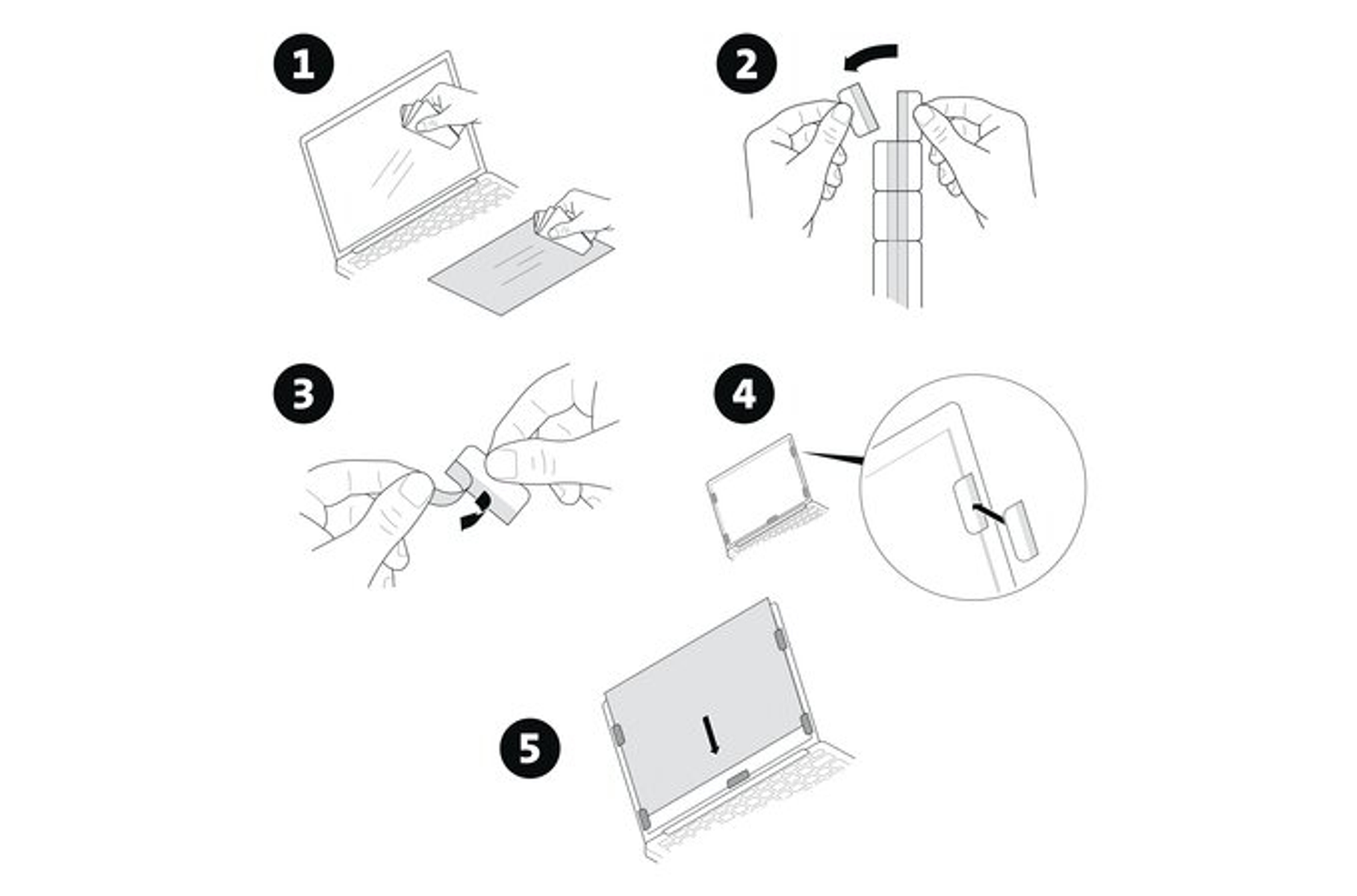 Diagramma che mostra 5 passaggi per applicare una protezione schermo a un laptop.