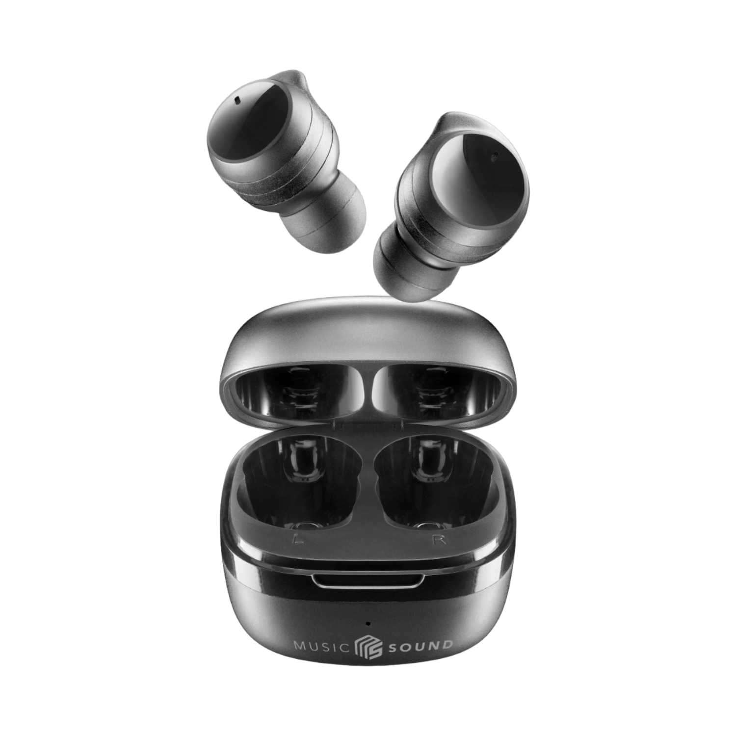 Para czarnych słuchawek z etui ładującym, na czarnym tle.