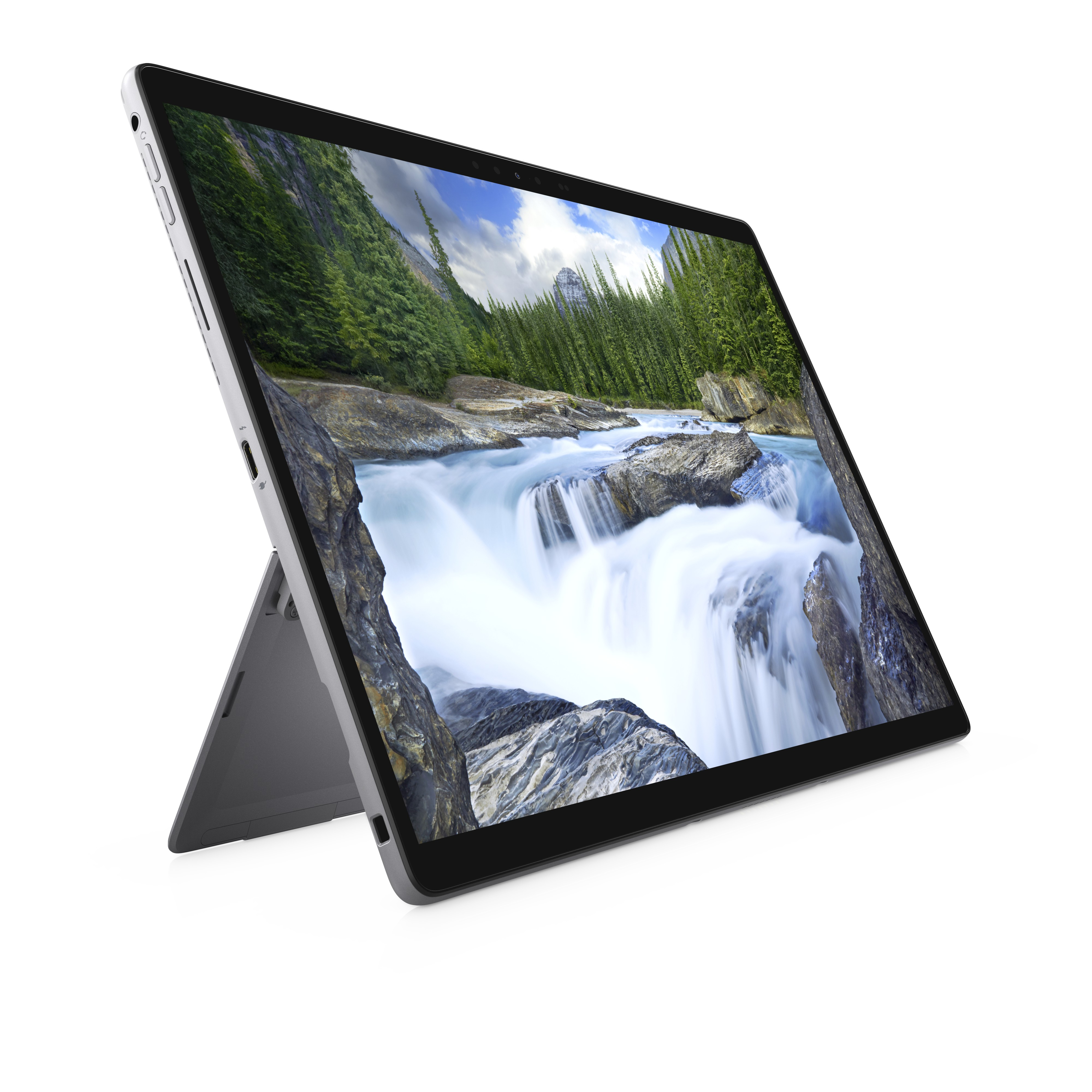 Tablet mit Wasserfall-Bildschirm. Das Tablet steht schräg auf einem Ständer.