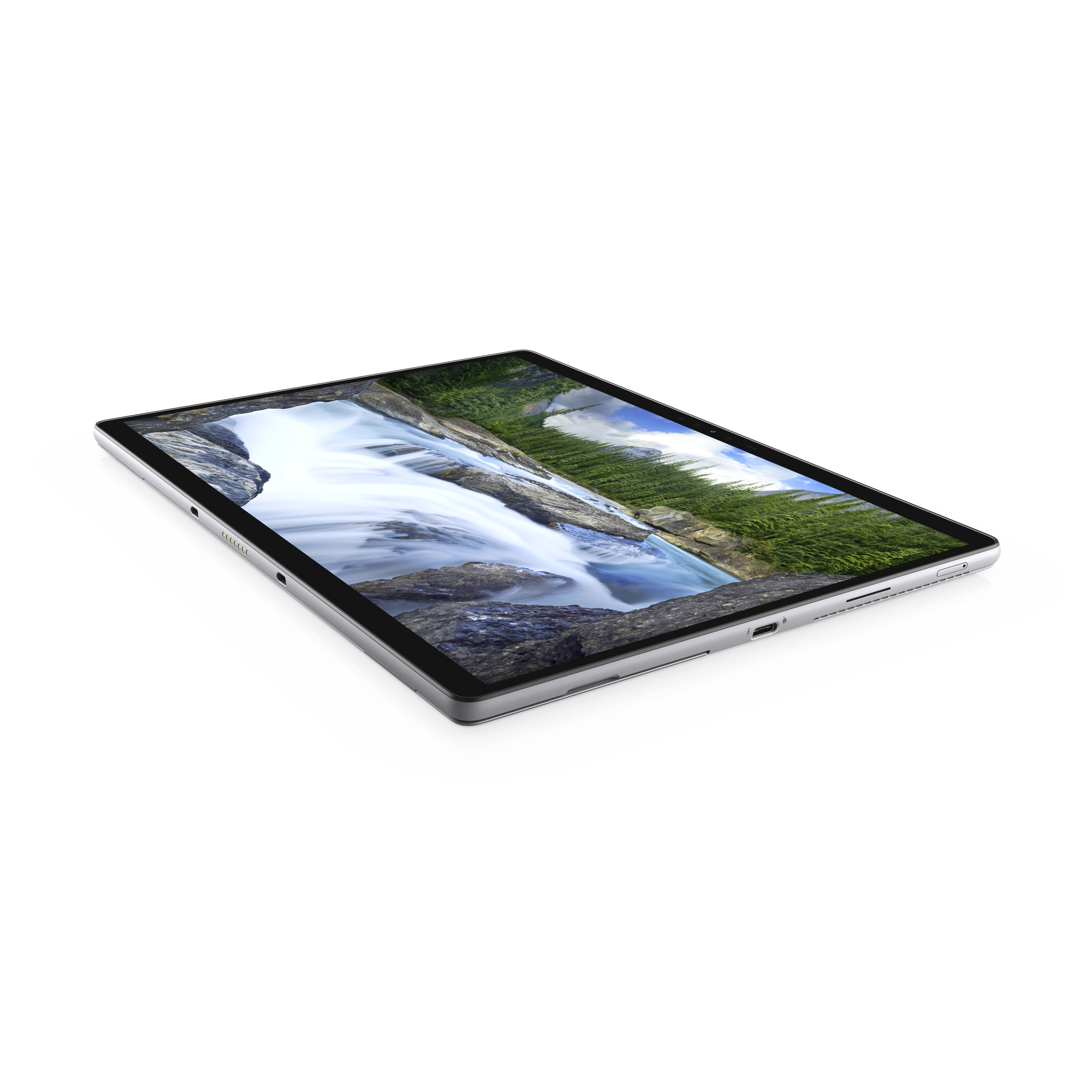 Ein silbernes Tablet mit einer Wasserfallszene.