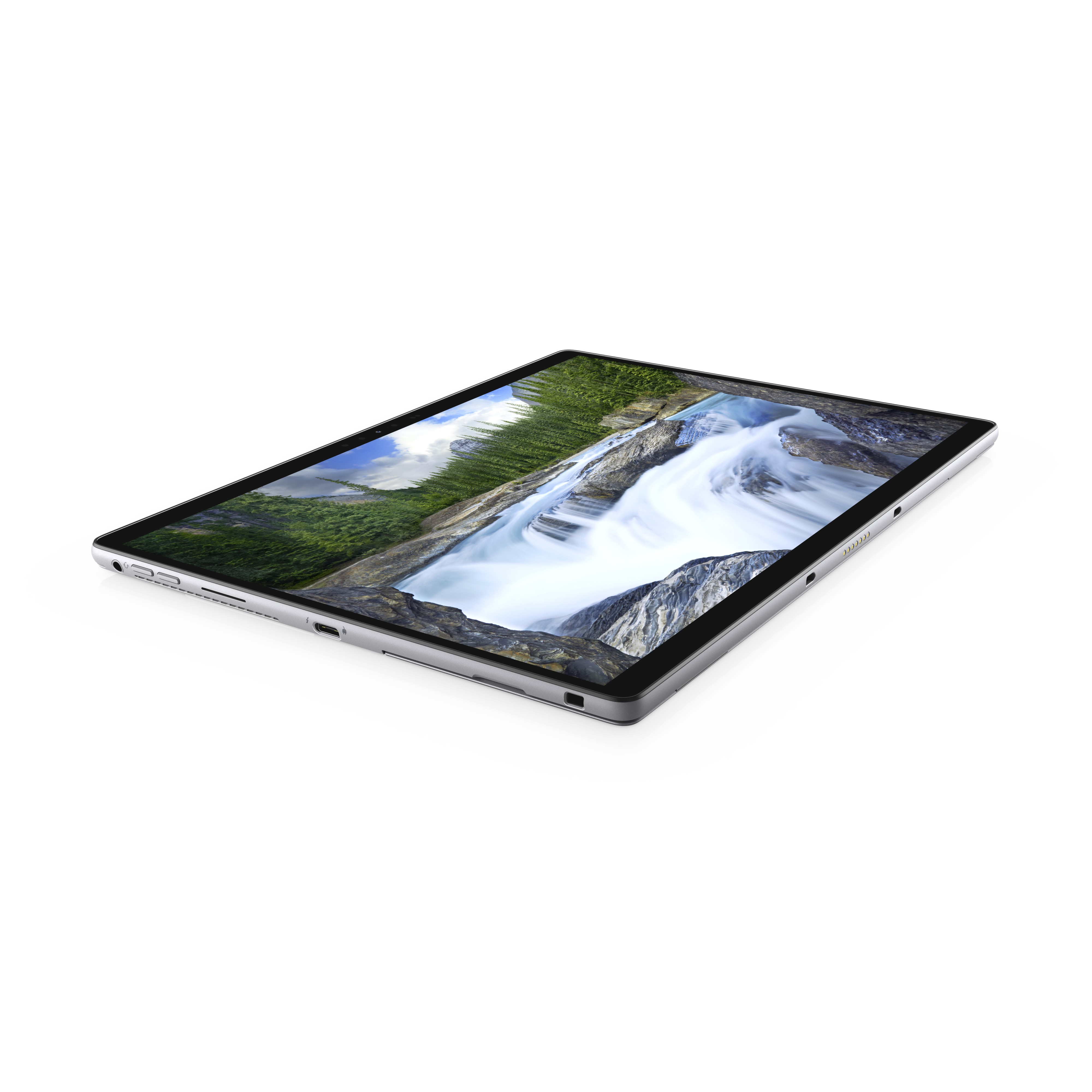 Ein Tablet auf weißem Hintergrund, das eine Wasserfallszene auf seinem Bildschirm anzeigt.