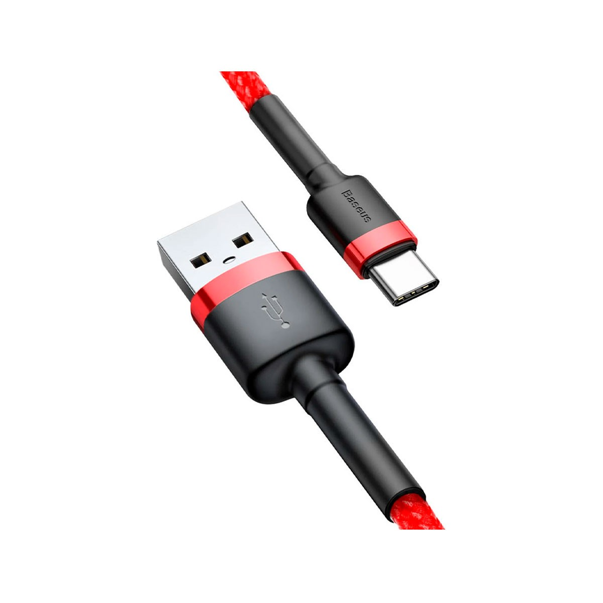 Kabel USB do USB-C. Czarny i czerwony pleciony kabel z czerwonymi złączami.