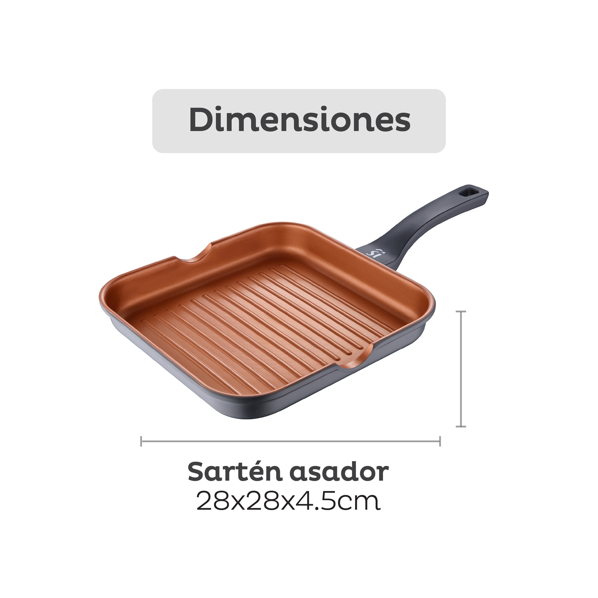 Una sartén de parrilla color cobre con mango negro. Las dimensiones son 28x28x4.5cm.