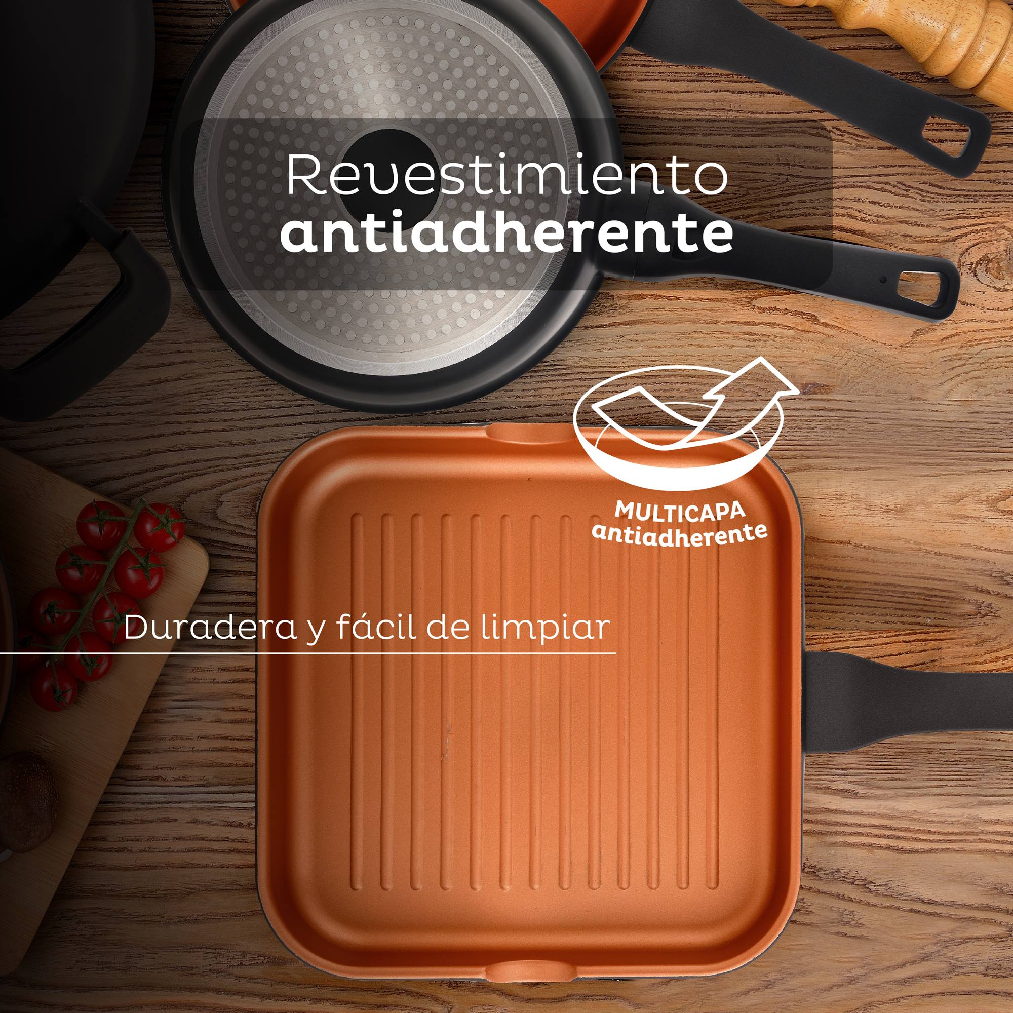 Sartén parrilla naranja con texto y primer plano de la superficie antiadherente.