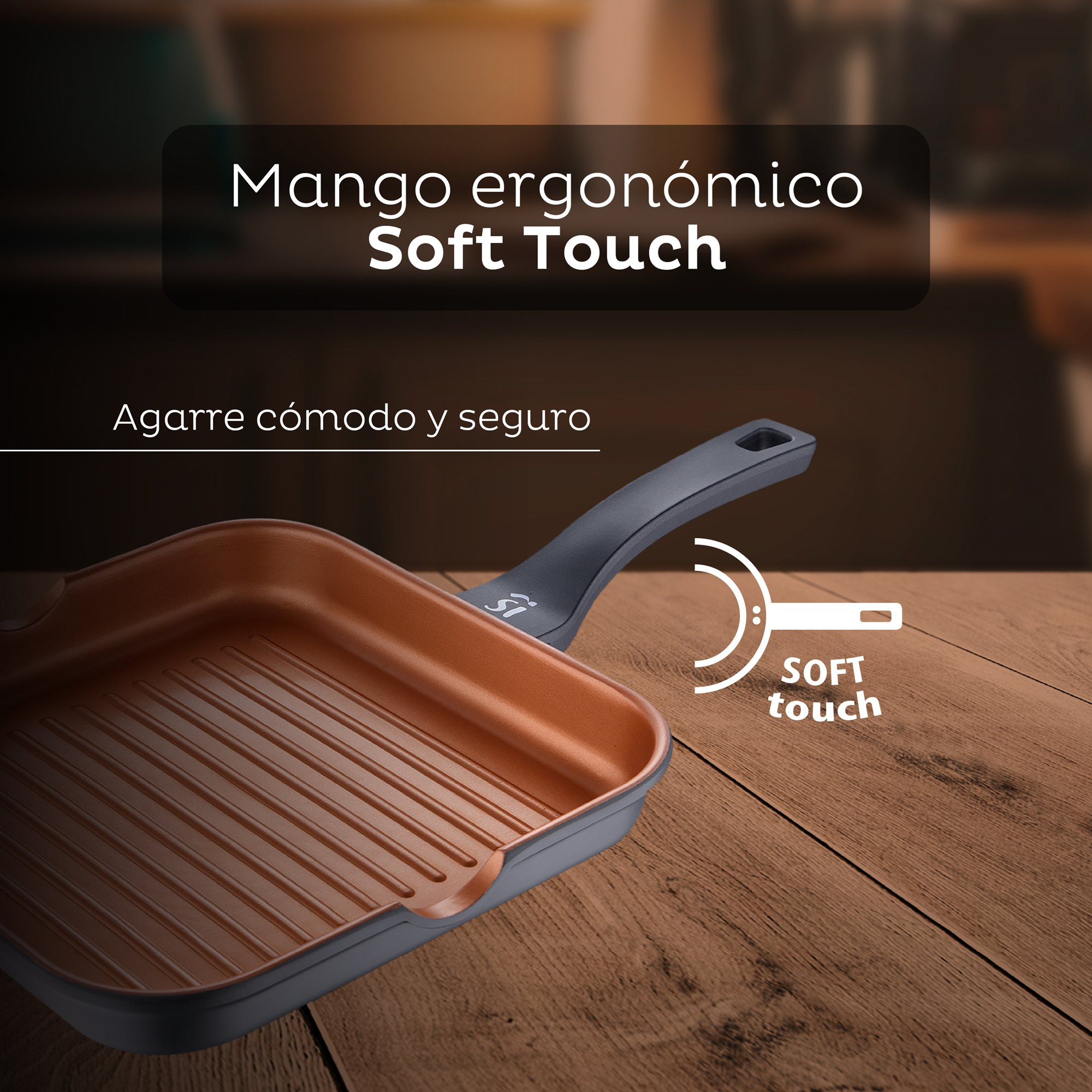 Sartén parrilla color cobre con mango negro, con texto 'Soft Touch'.
