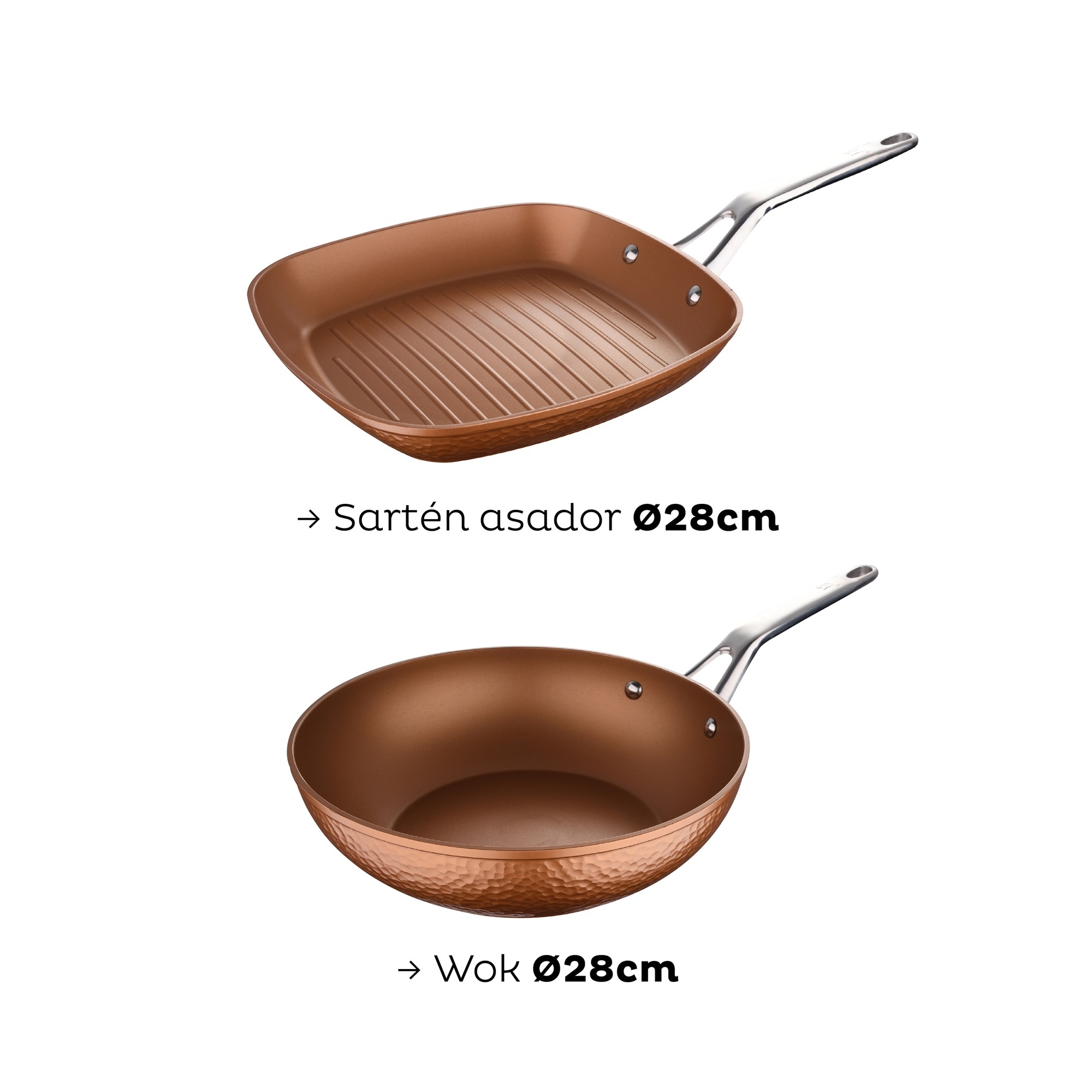 Dos sartenes de cobre: una parrilla y un wok, ambos Ø28cm, sobre fondo blanco.