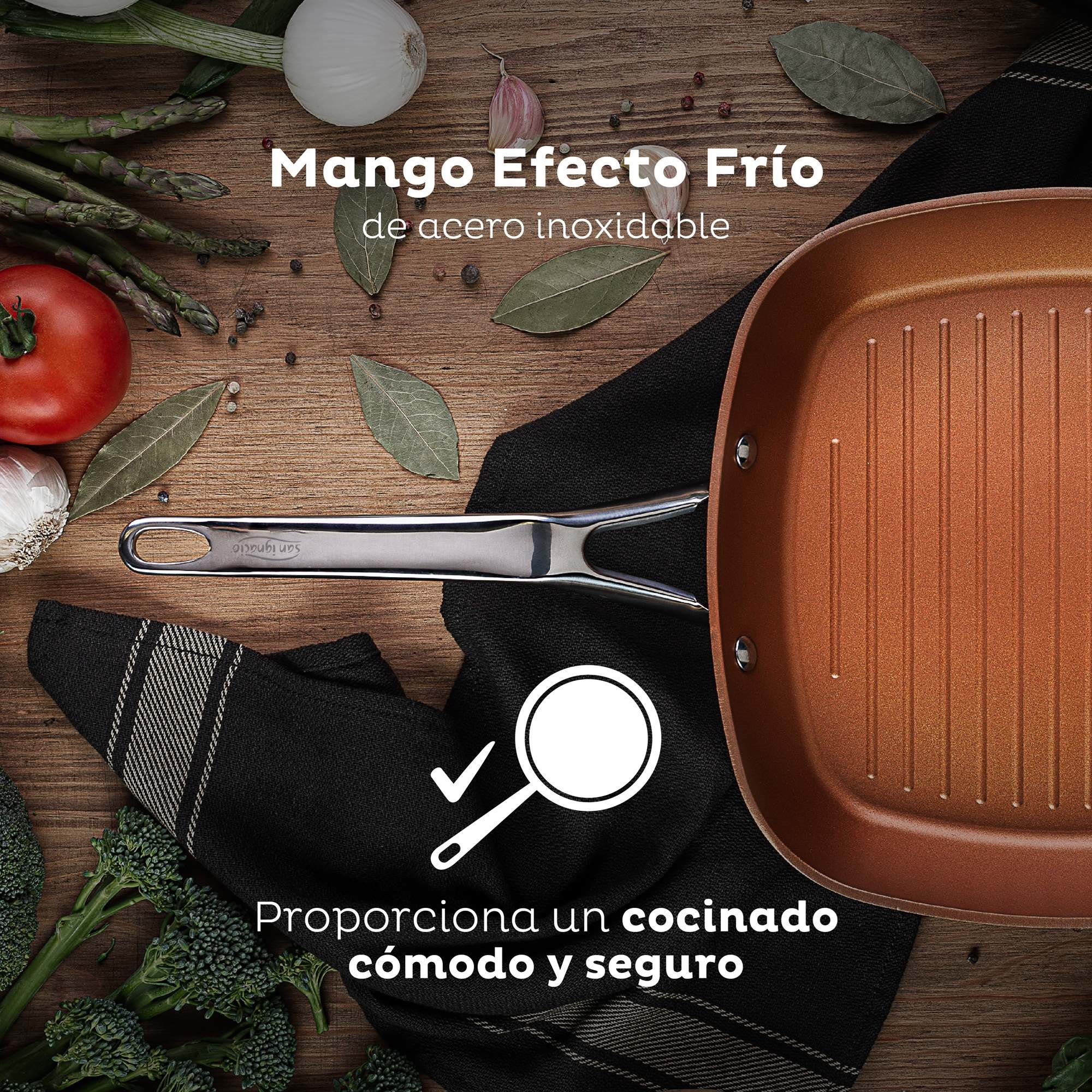Una sartén de parrilla de color cobre con verduras y texto en español.